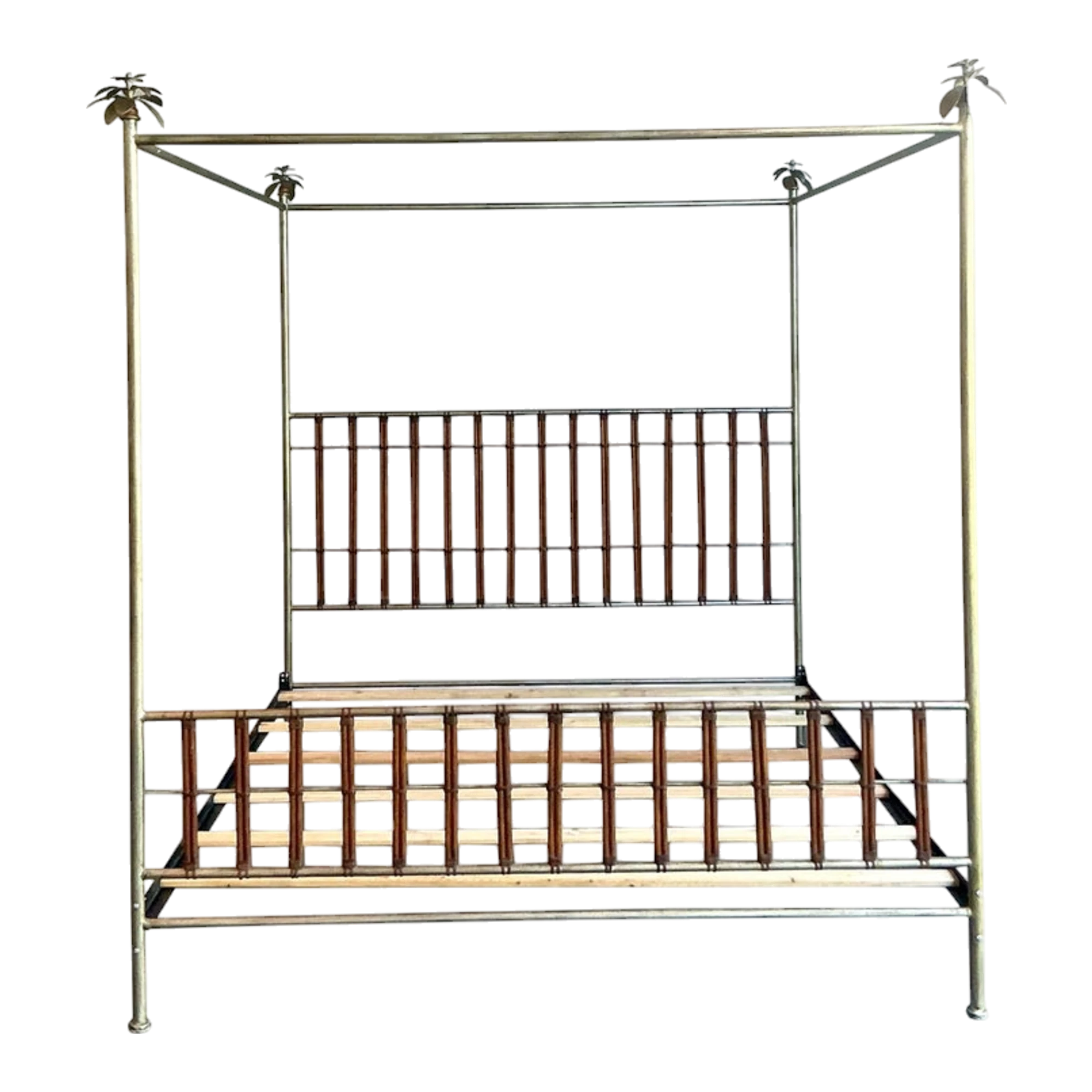 Vintage Regency Silver Leaf Palm Tree California King Canopy Bed
