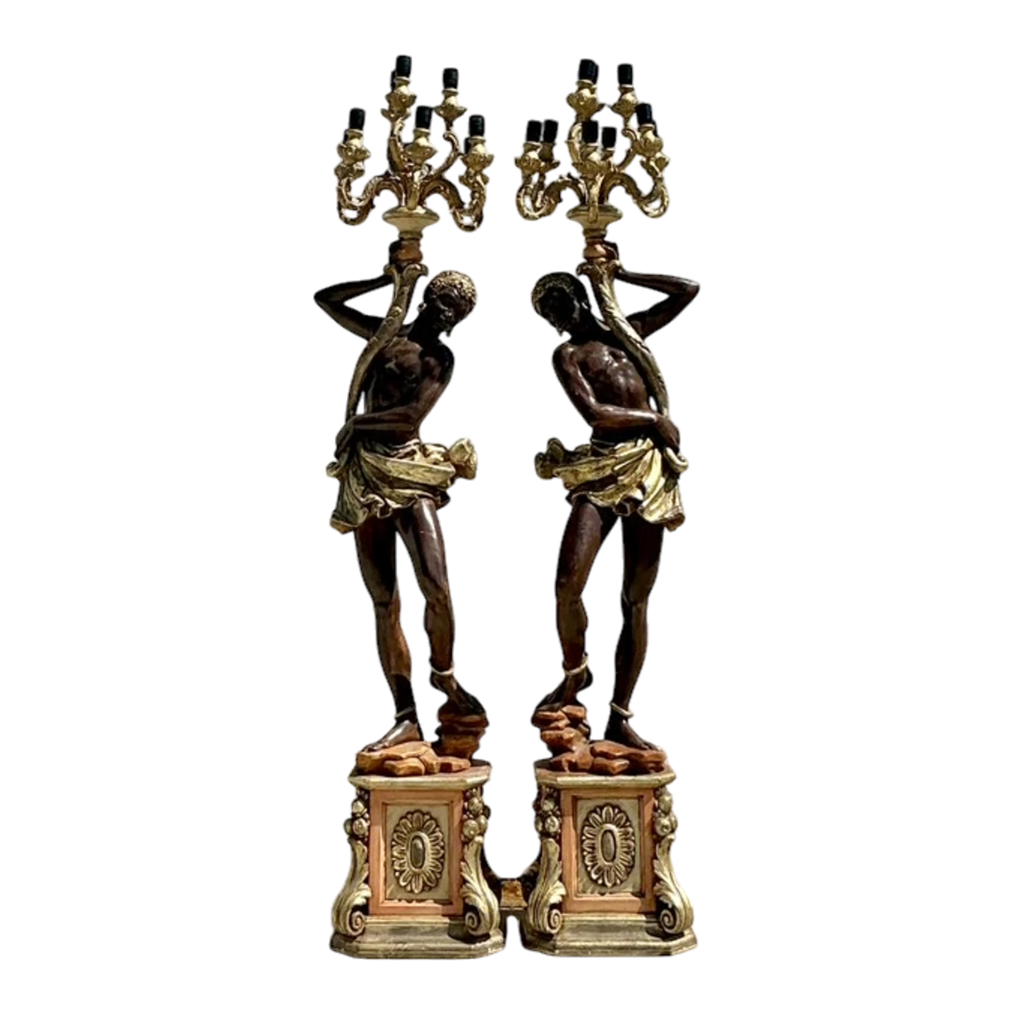 Vintage Regency Venetian Blackamoor Floor Candelabra Lamps - A Pair