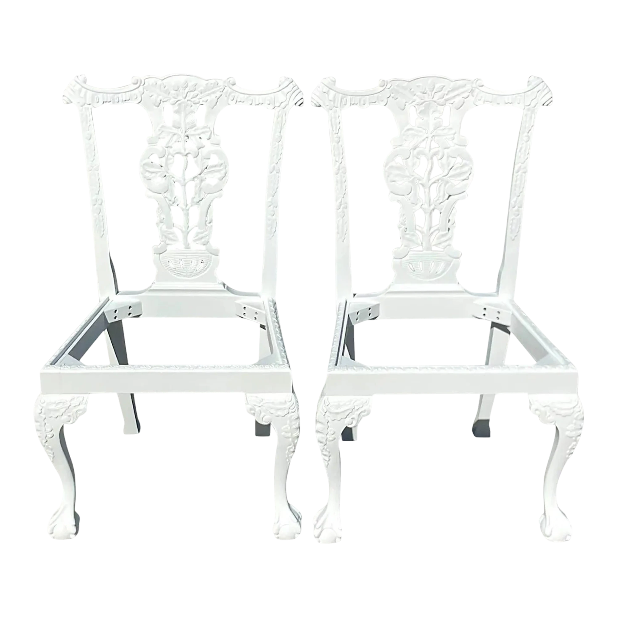 Vintage Regency White Ball and Claw Foot Carved Chippendale Chairs - a Pair
