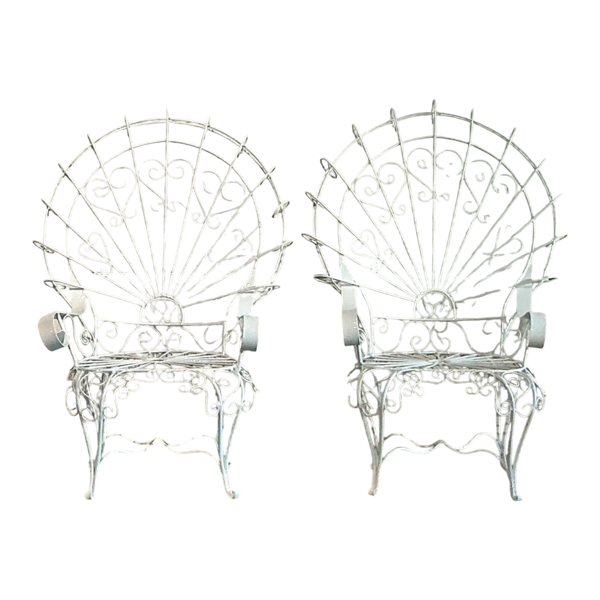  Vintage Regency Wrought Iron Peacock Salon Chairs After Salterini - A Pair
