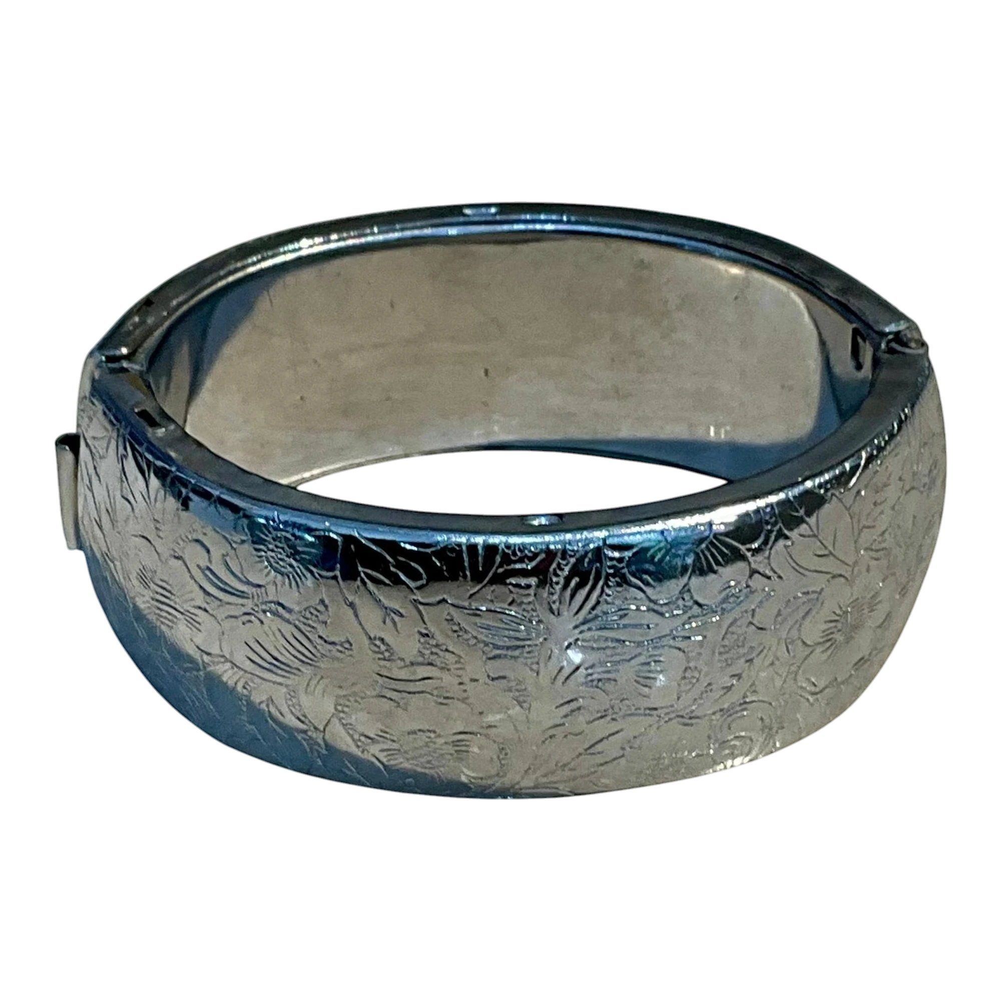 Vintage Silver Toned Floral Hinged Bangle