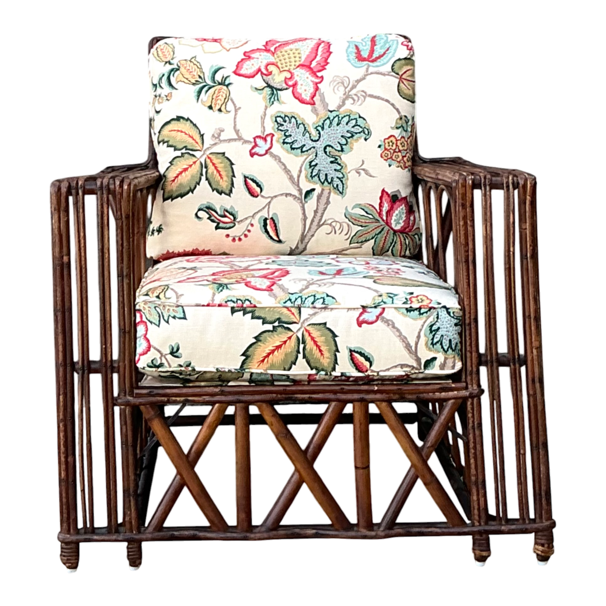 Vintage Stick Rattan Lounge Chair In Vintage Schumacher Paisley