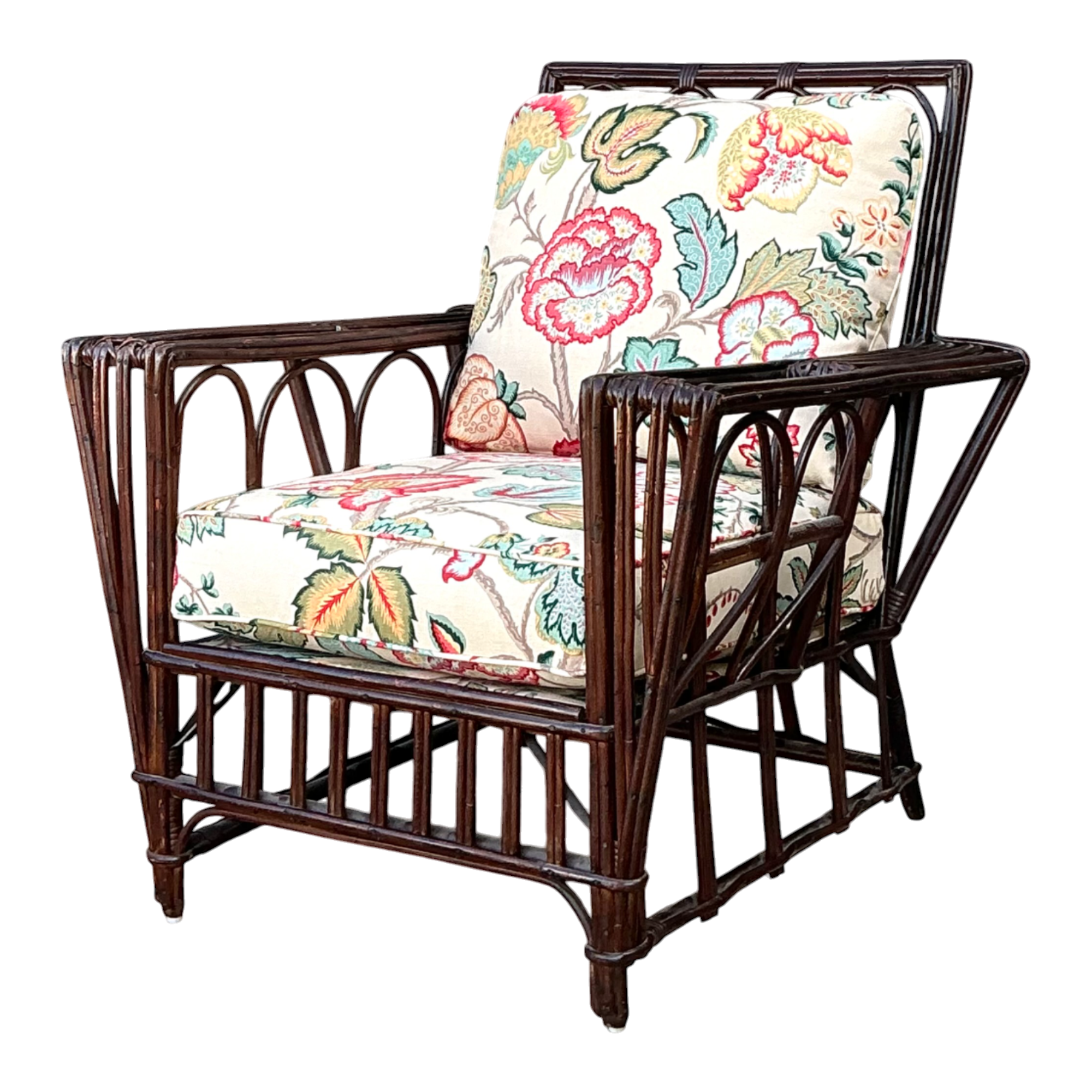 Vintage Stick Rattan Lounge Chair In Vintage Schumacher Paisley