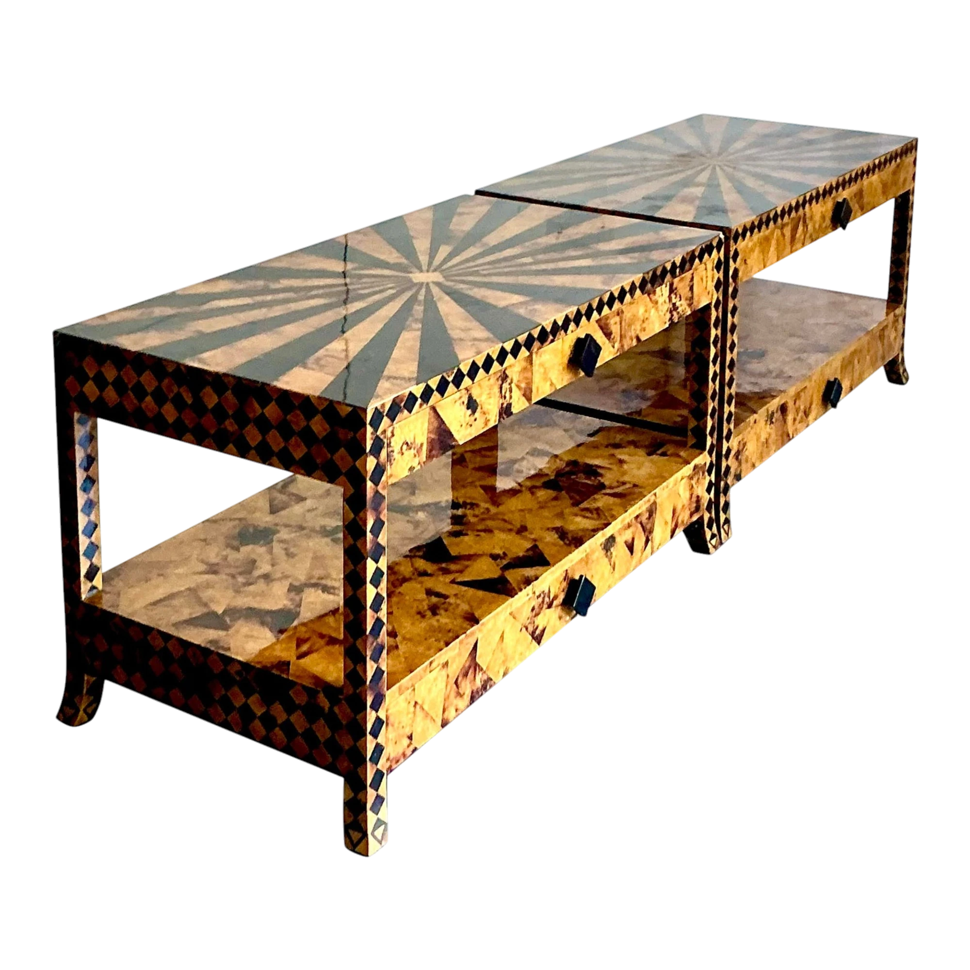 Vintage Tessellated Coconut Shell and Penshell Starburst Side Tables - a Pair