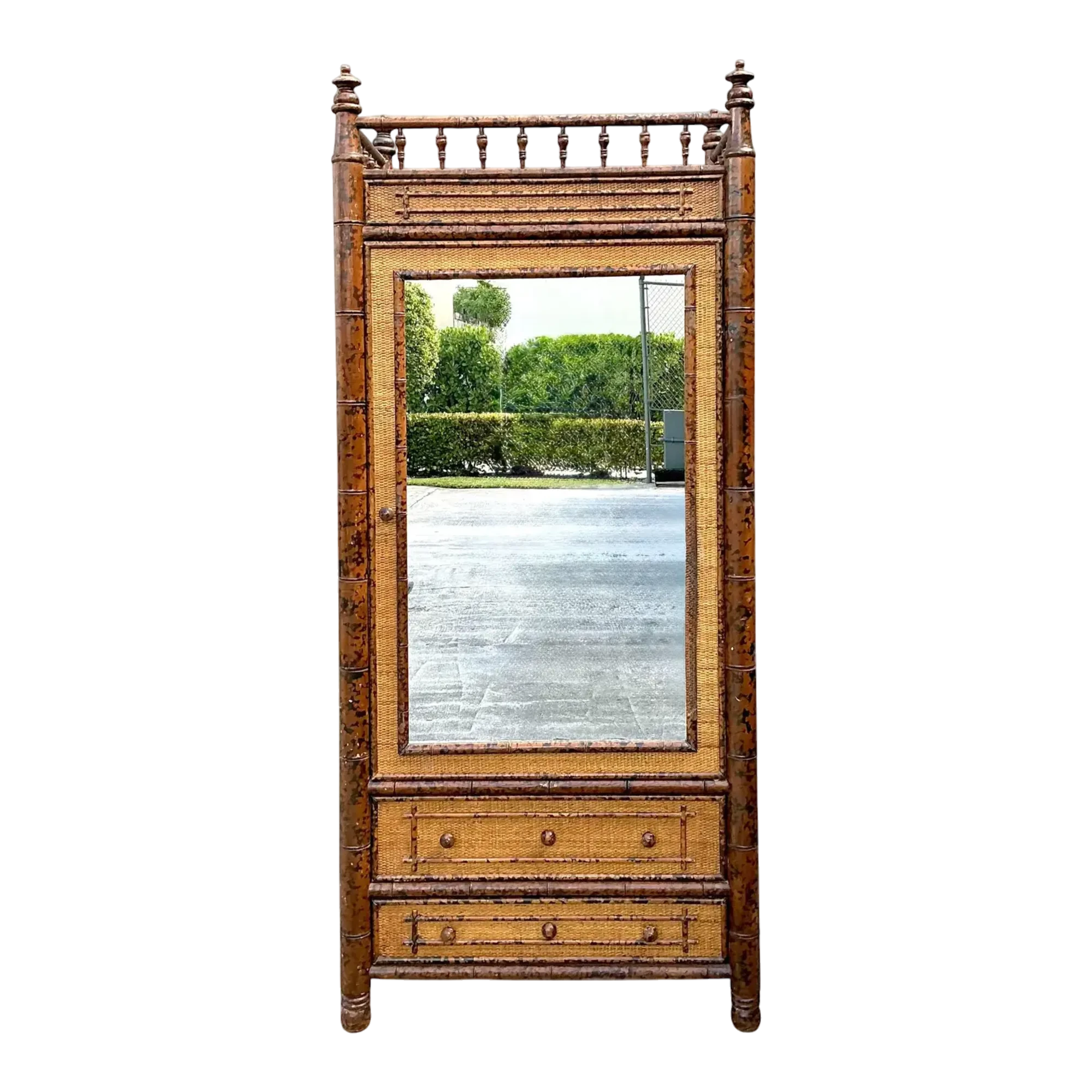 Vintage Tortoise Bamboo Mirror Front Armoire