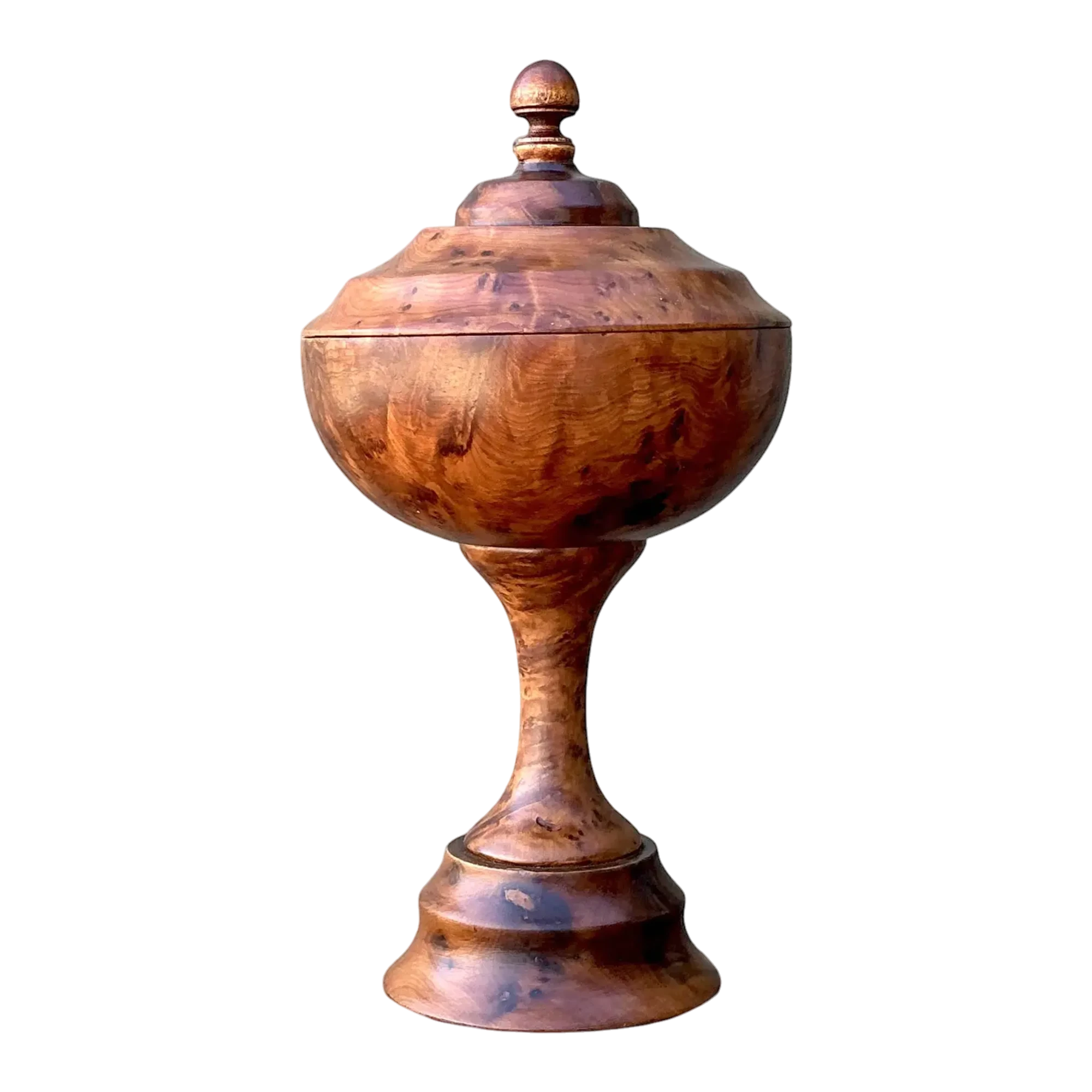 Vintage Turned Burl Wood Lidded Bowl on Pedestal — additional photo 1