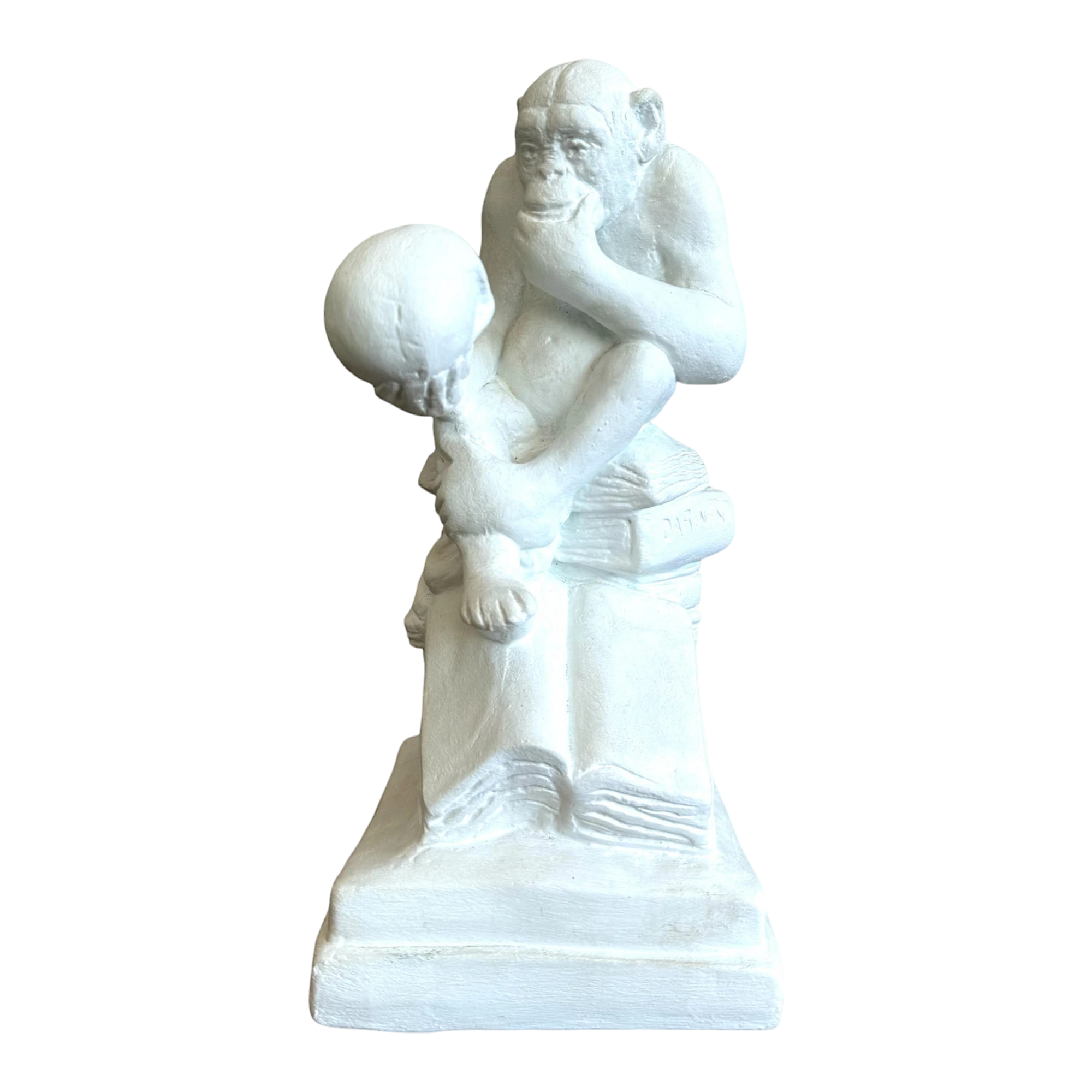 Vintage White Plaster Monkey Philosopher Statue
