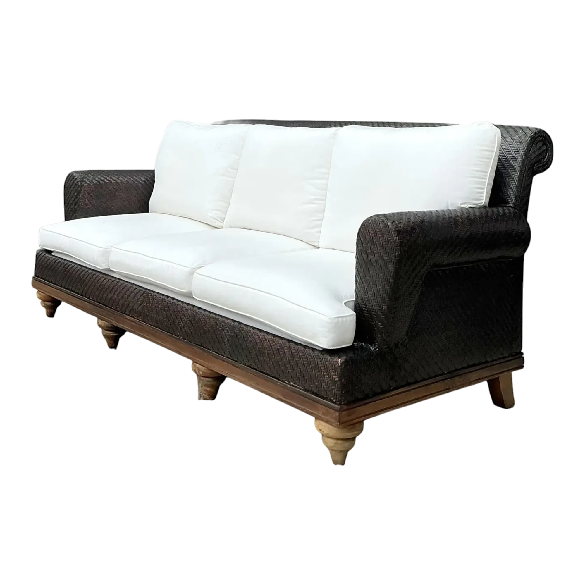 Vintage Woven Rattan Roll Arm Sofa