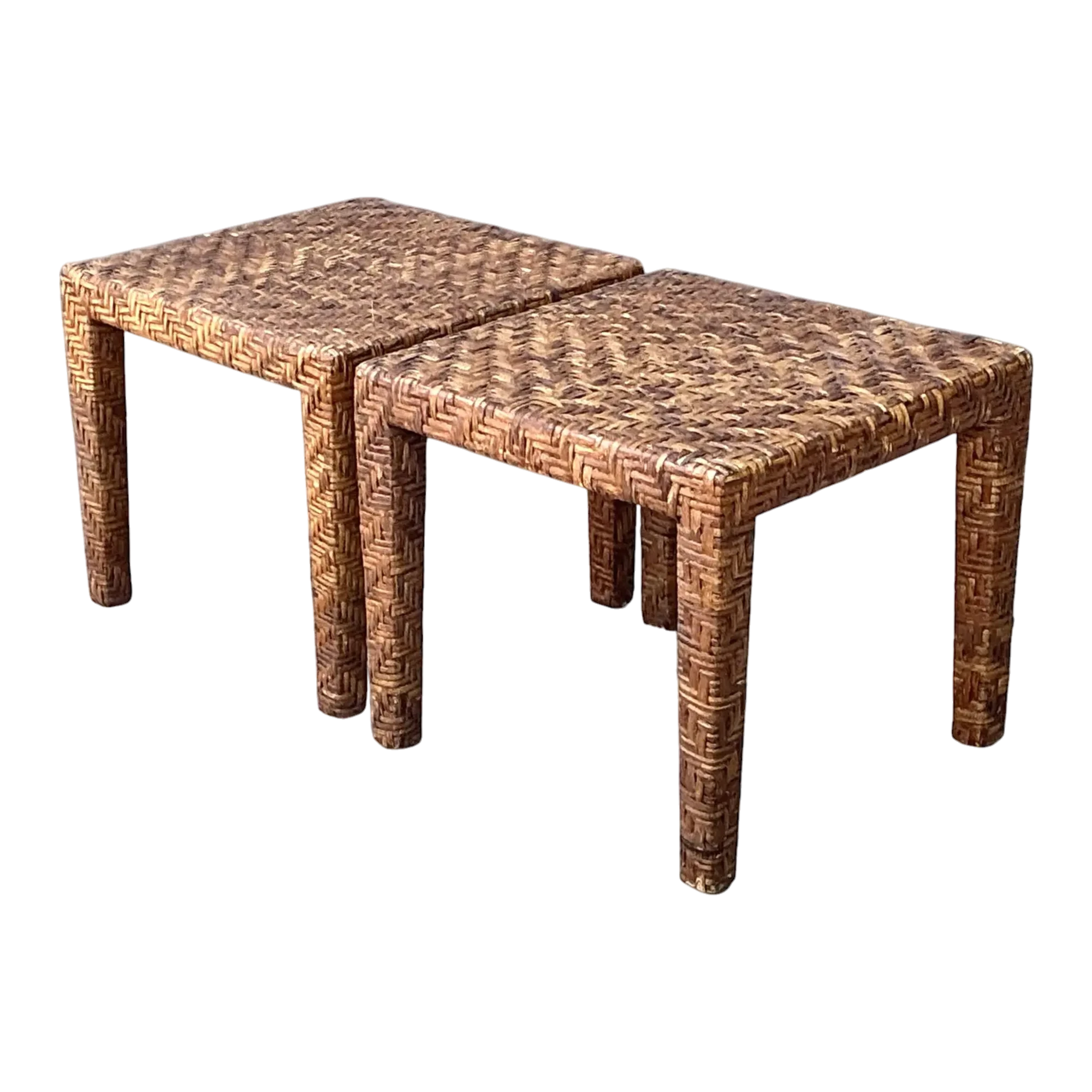 Vintage Woven Rattan Side Tables - A Pair