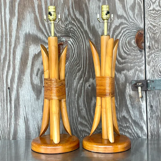 Vintage Coastal Wrapped Rattan Table Lamps- a Pair — additional photo 3