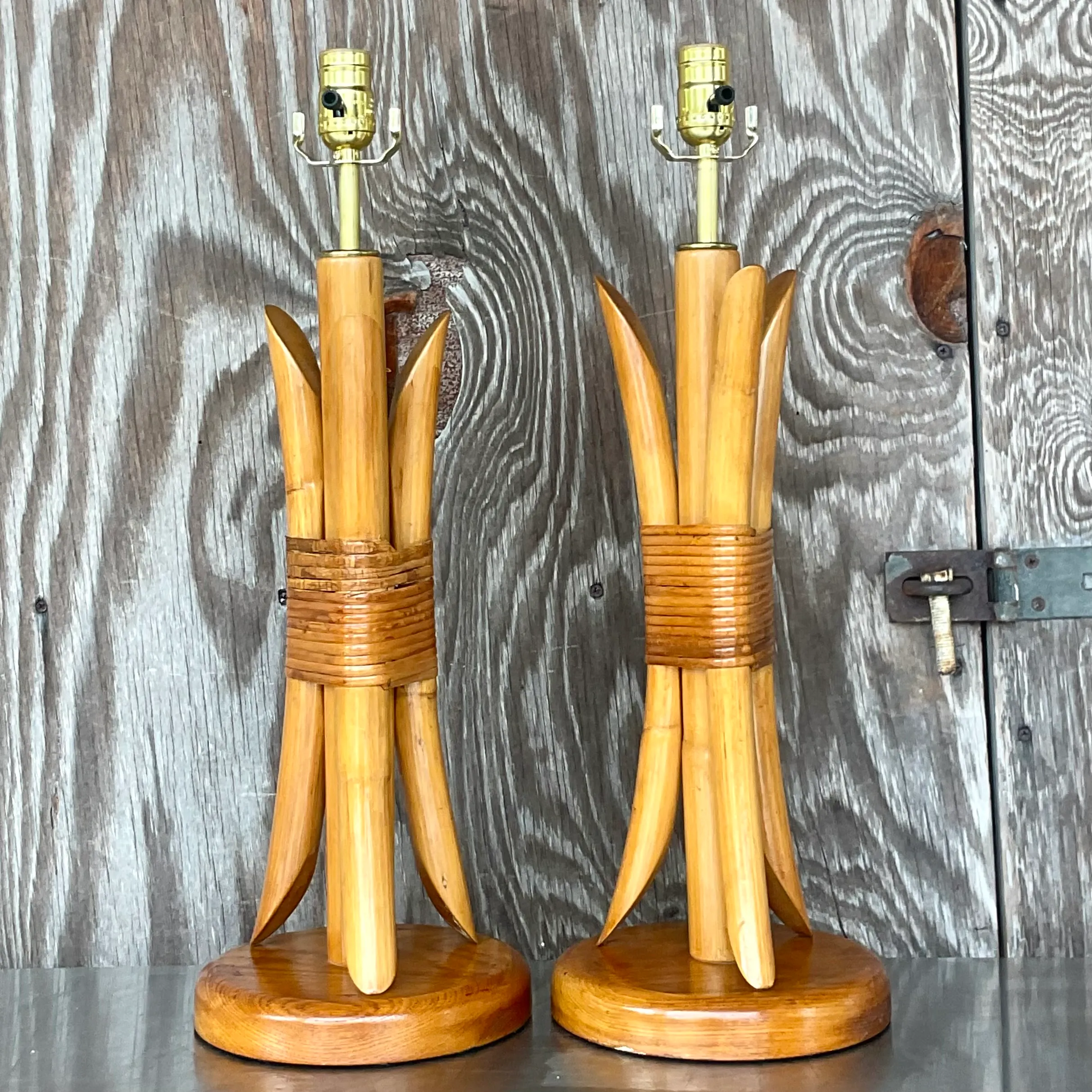 Vintage Coastal Wrapped Rattan Table Lamps- a Pair — additional photo 2