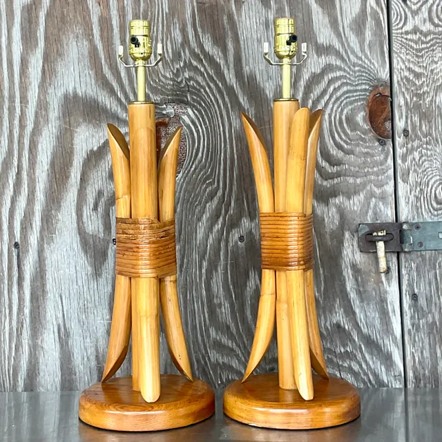 Vintage Coastal Wrapped Rattan Table Lamps- a Pair — additional photo 2