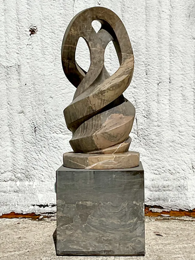 Vintage Boho Intertwined Hand Carved Marble Abstract Sculpture on Marble Base — additional photo 3