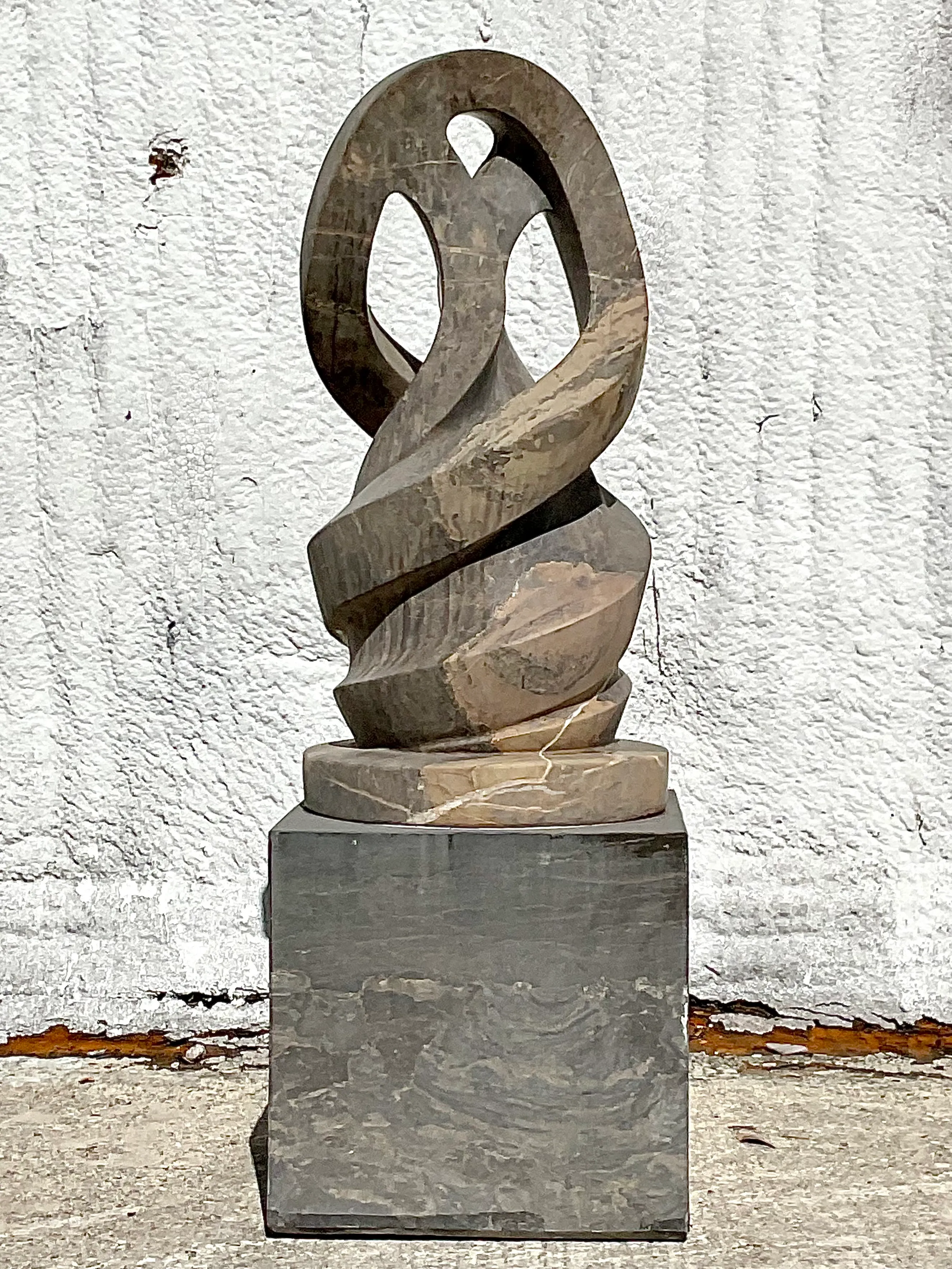 Vintage Boho Intertwined Hand Carved Marble Abstract Sculpture on Marble Base — additional photo 2