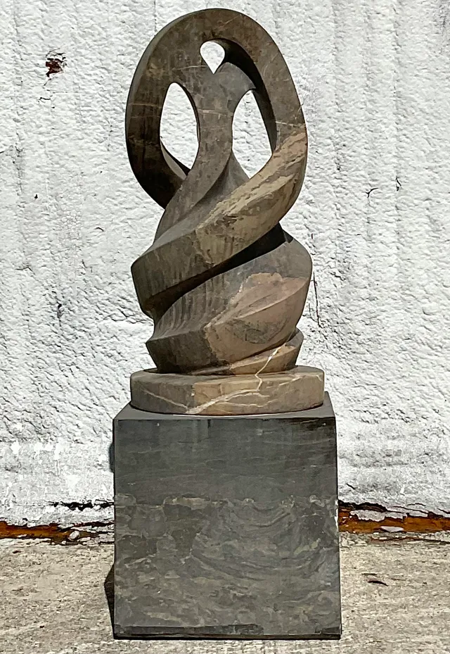 Vintage Boho Intertwined Hand Carved Marble Abstract Sculpture on Marble Base — additional photo 1