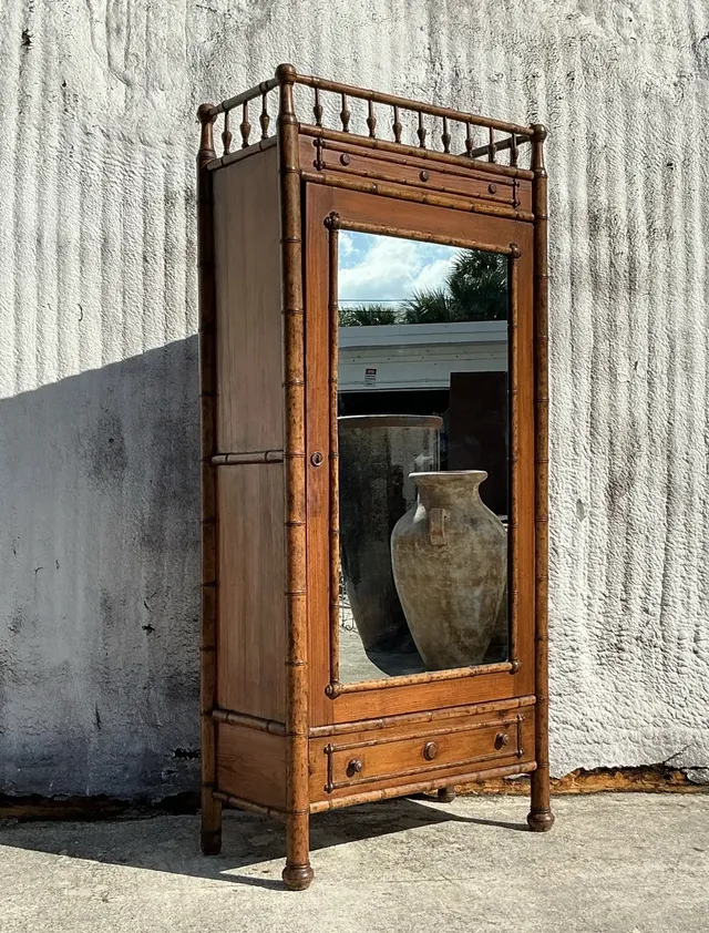 Vintage Boho Carved Bamboo Armoire — additional photo 1