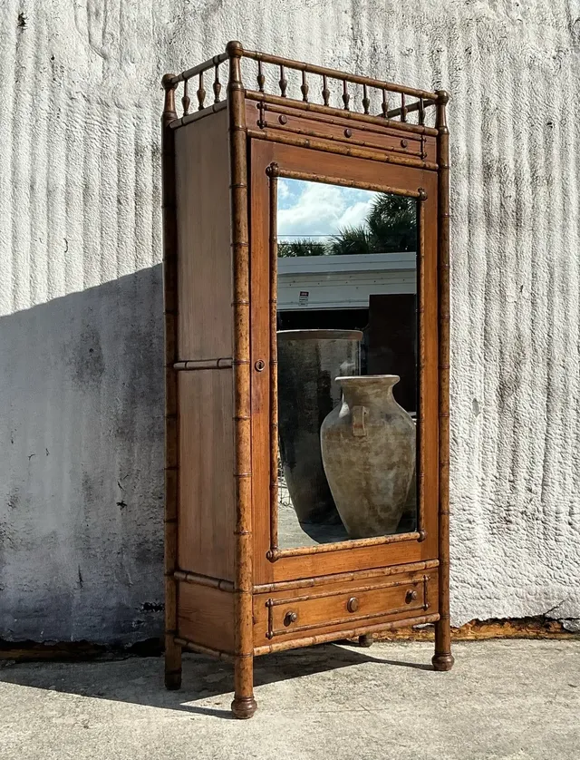 Vintage Boho Carved Bamboo Armoire — additional photo 3
