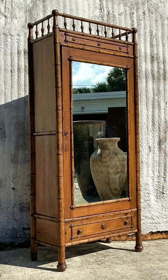 Vintage Boho Carved Bamboo Armoire — additional photo 5