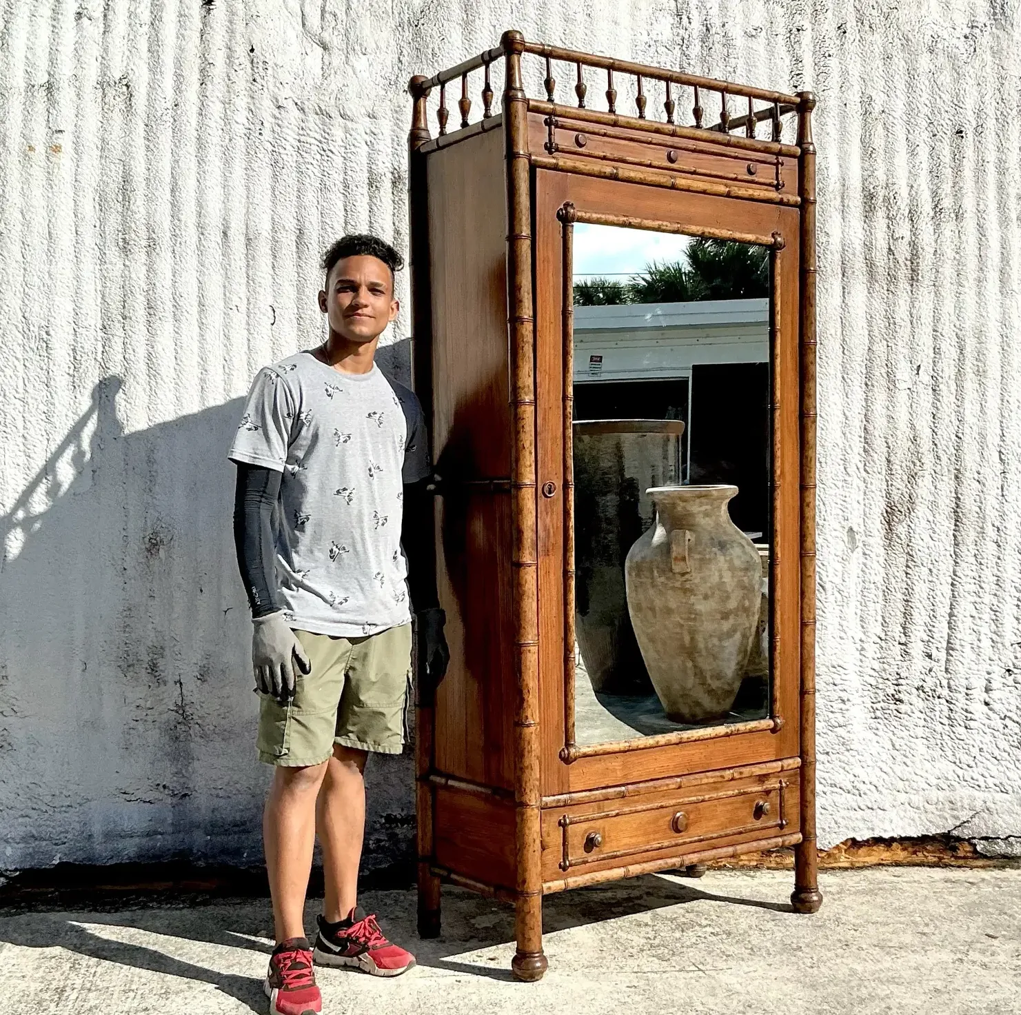 Vintage Boho Carved Bamboo Armoire — additional photo 6