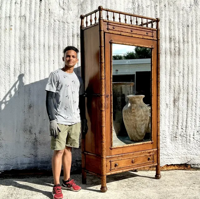Vintage Boho Carved Bamboo Armoire — additional photo 6