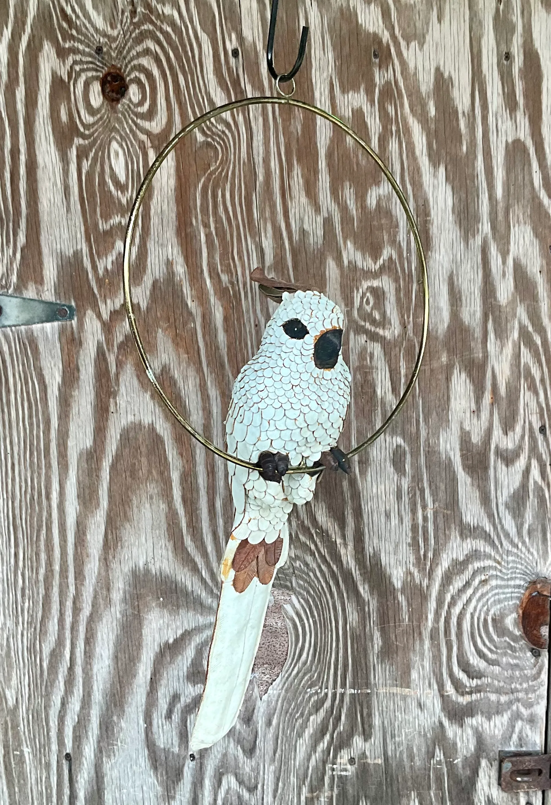 Vintage Boho White Hand Crafted Leather Cockatoo on Brass Swing — additional photo 8
