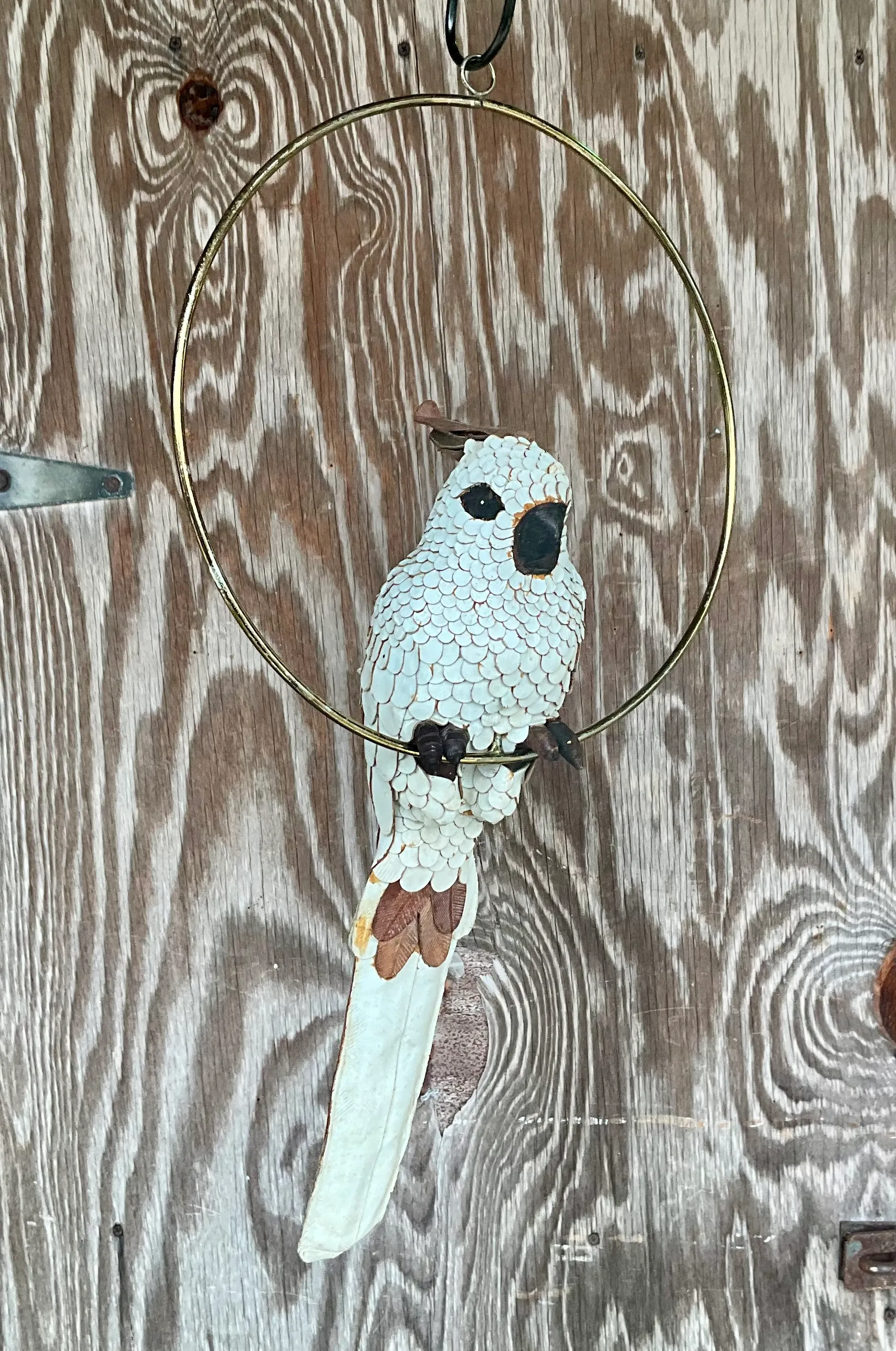 Vintage Boho White Hand Crafted Leather Cockatoo on Brass Swing — additional photo 1