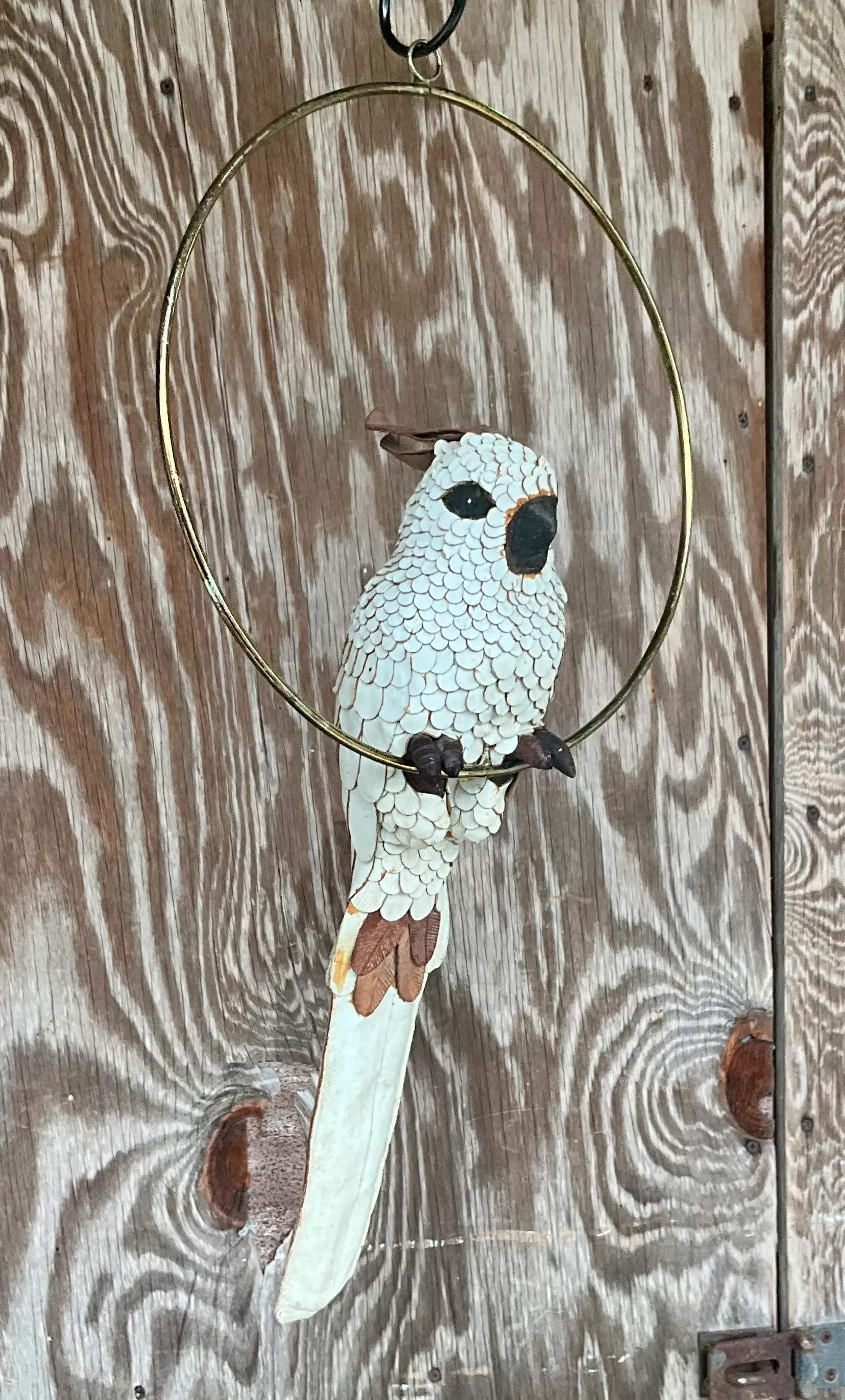 Vintage Boho White Hand Crafted Leather Cockatoo on Brass Swing — additional photo 2