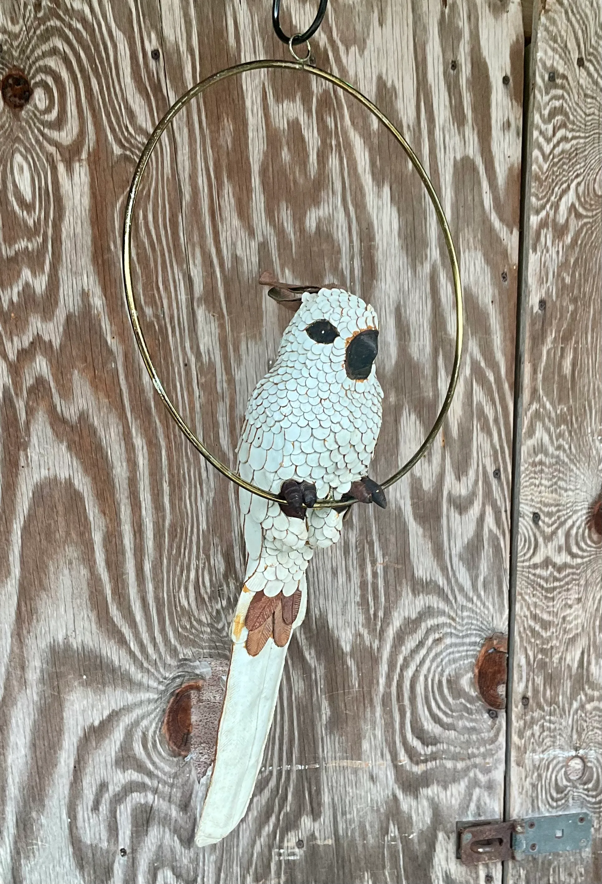 Vintage Boho White Hand Crafted Leather Cockatoo on Brass Swing — additional photo 3