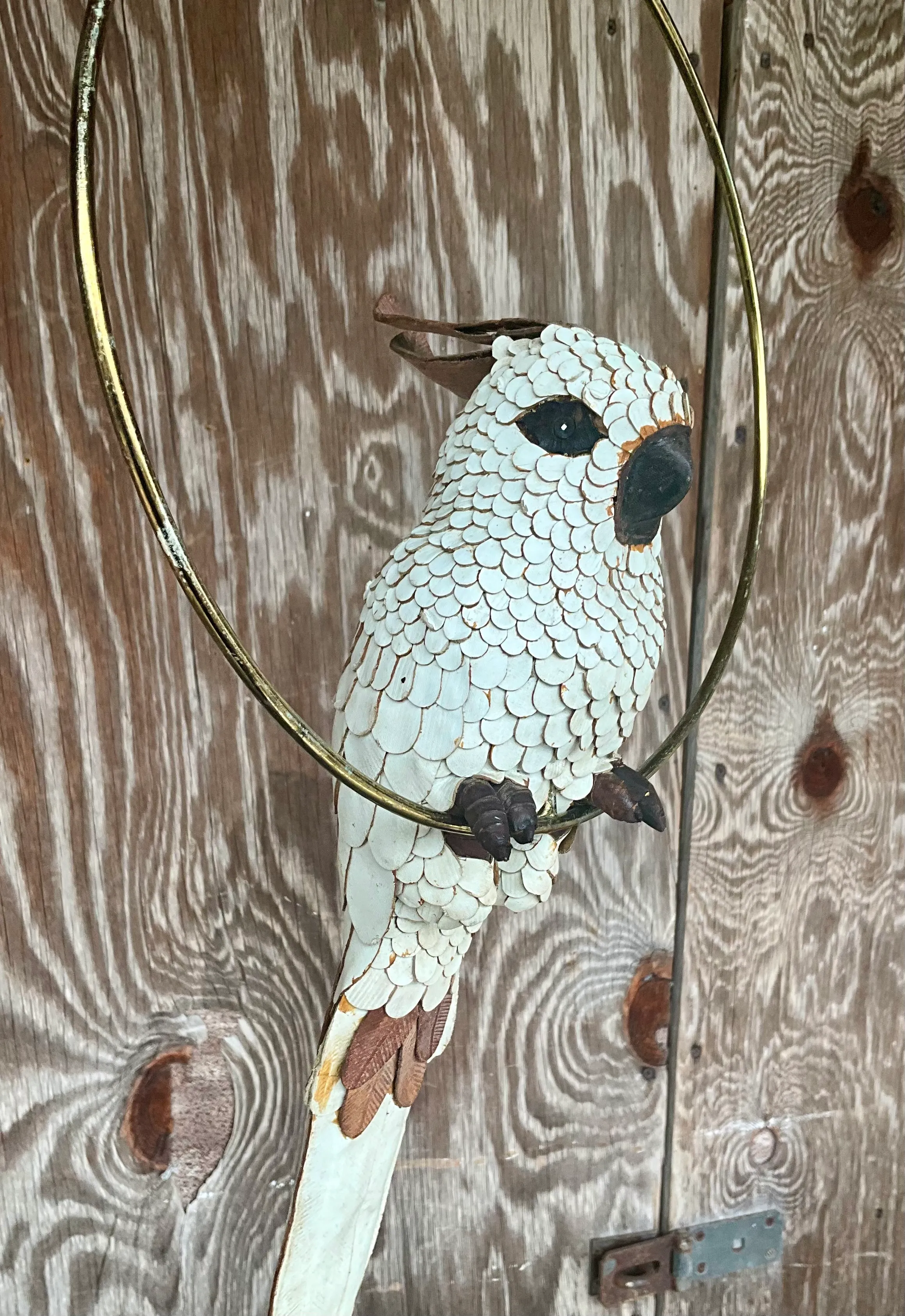 Vintage Boho White Hand Crafted Leather Cockatoo on Brass Swing — additional photo 4