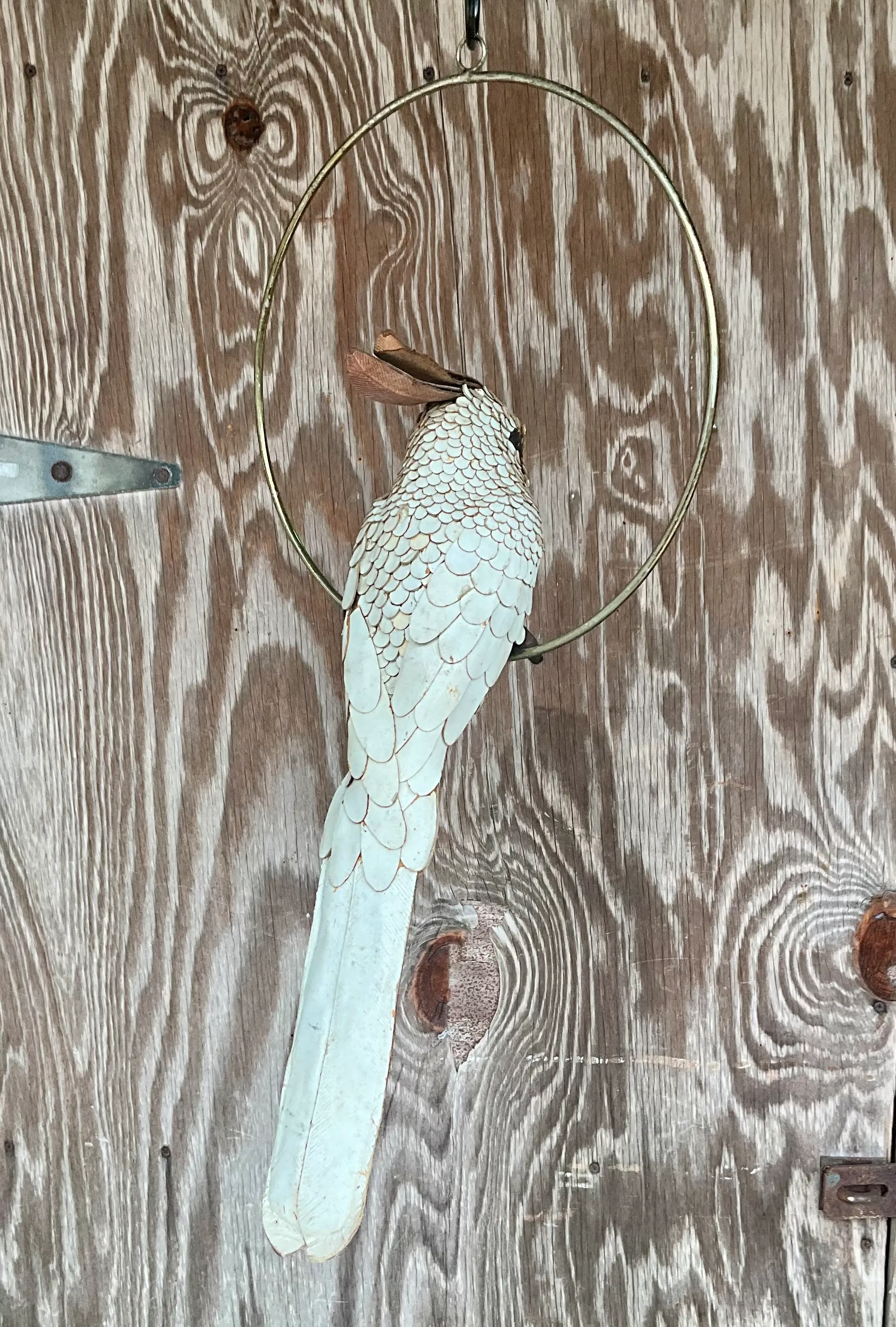 Vintage Boho White Hand Crafted Leather Cockatoo on Brass Swing — additional photo 5