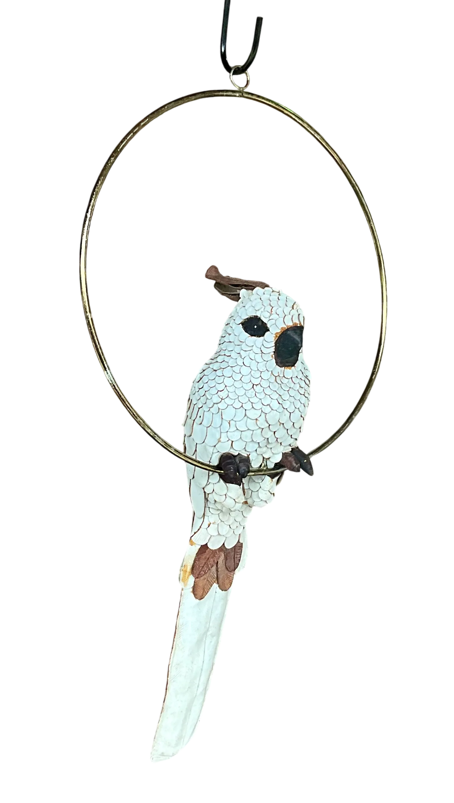 Vintage Boho White Hand Crafted Leather Cockatoo on Brass Swing — additional photo 7