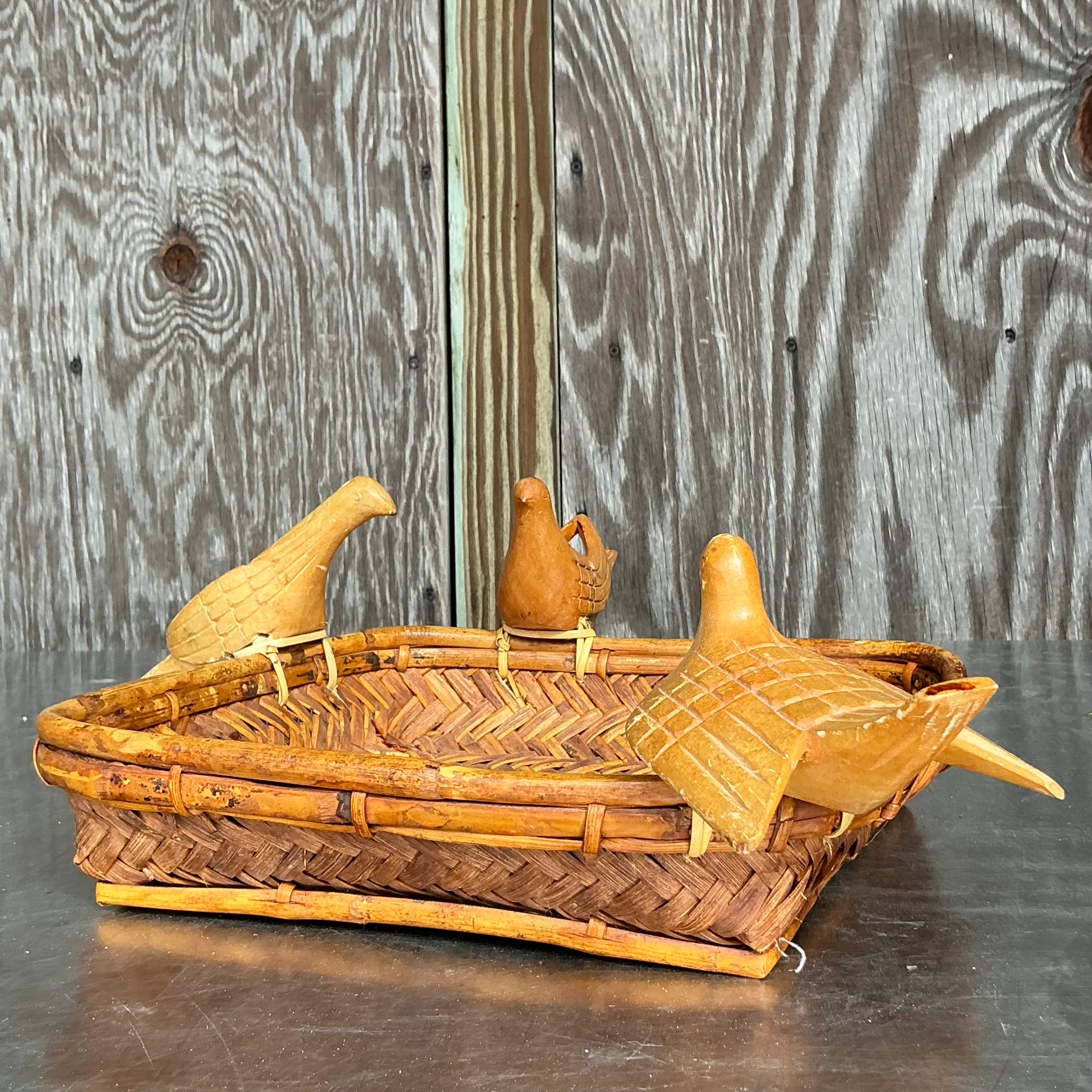 Vintage Boho Rattan Basket with Birds — additional photo 2