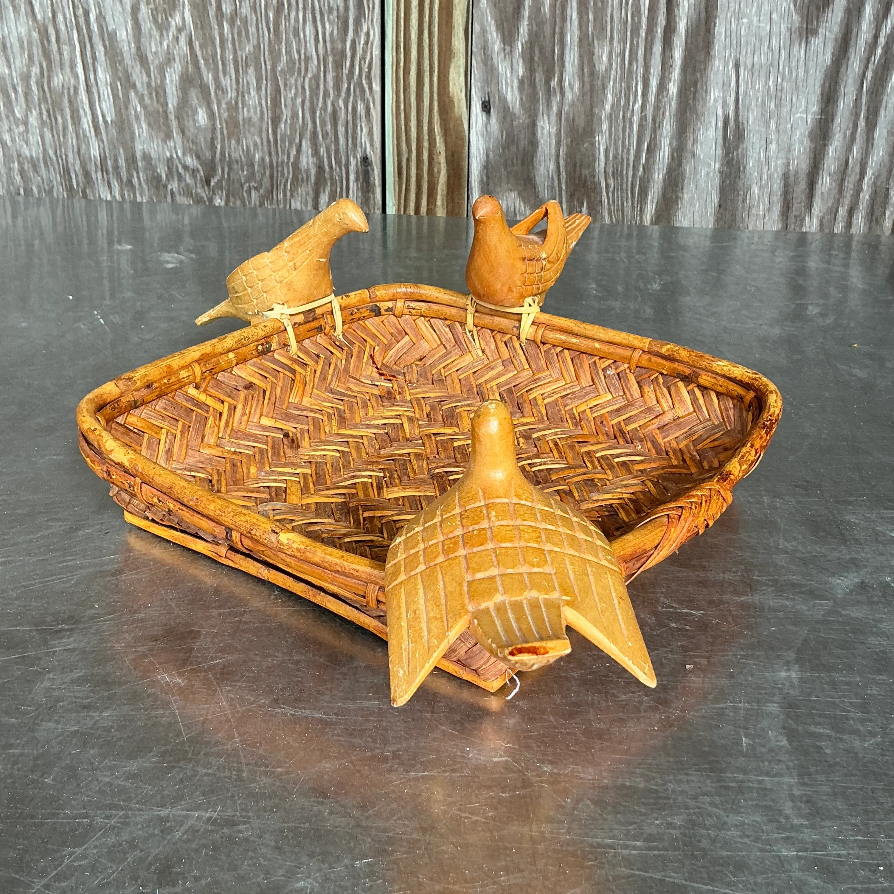 Vintage Boho Rattan Basket with Birds — additional photo 1