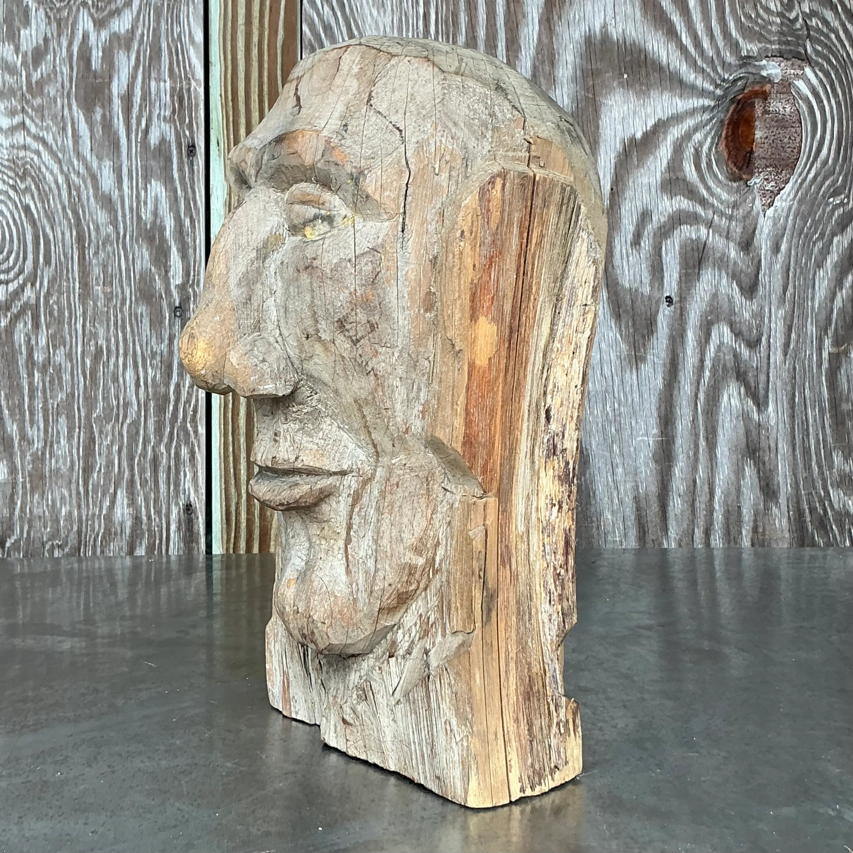 Vintage Boho Carved Wooden Bust of Man — additional photo 1