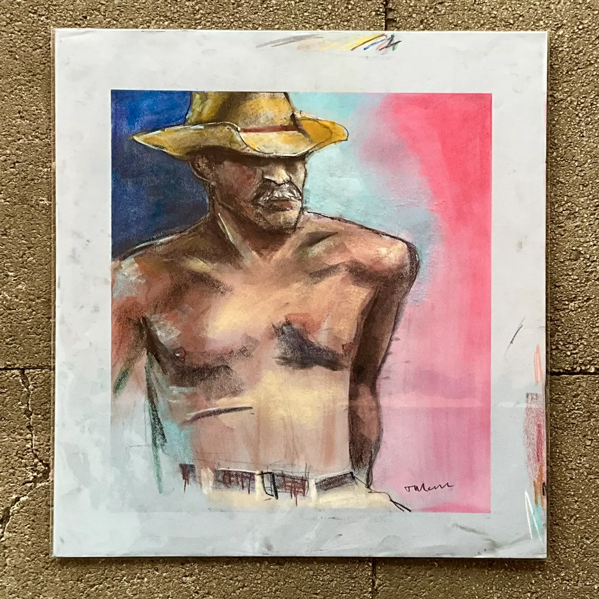 Vintage Boho Original Pastel Drawing of Cowboy — additional photo 3