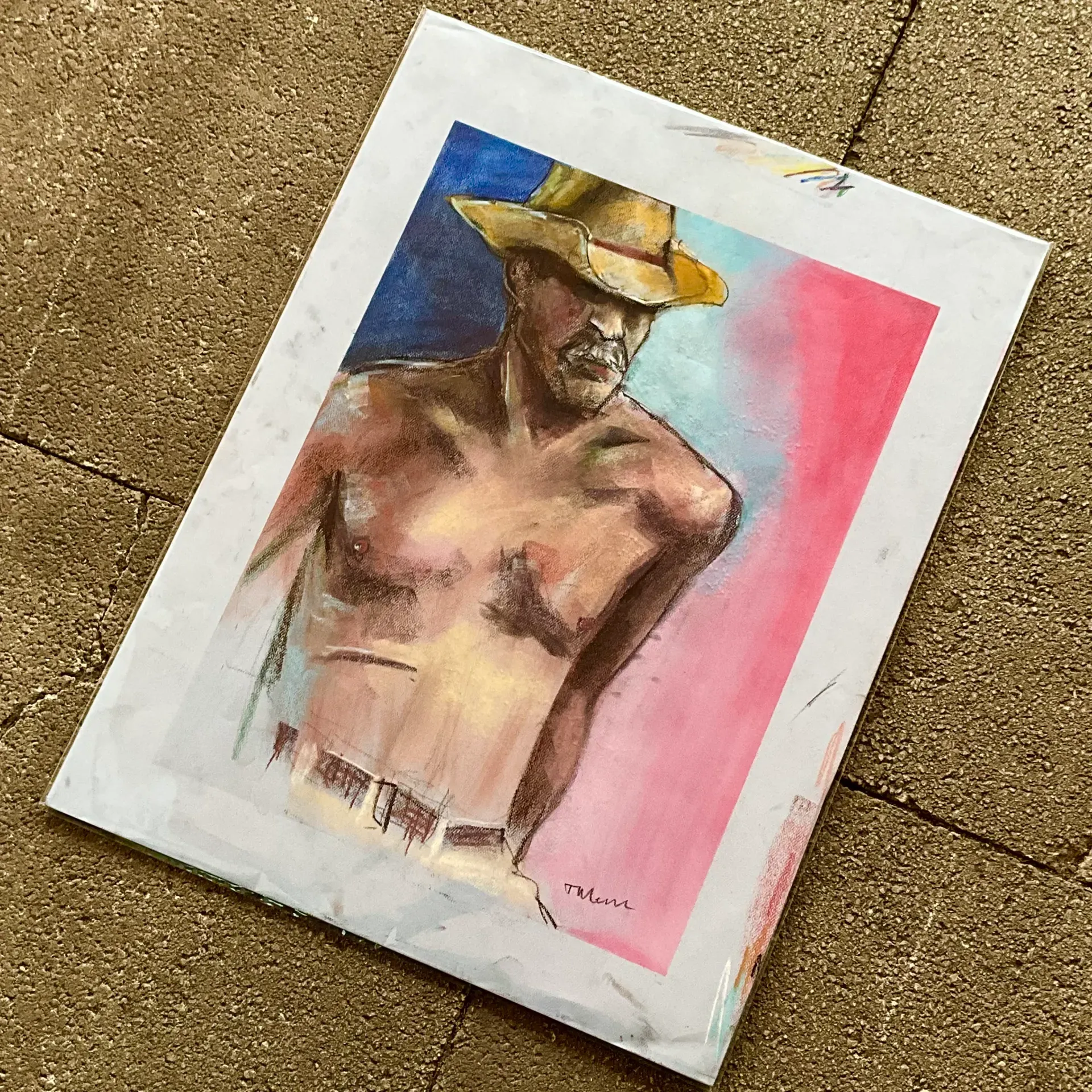 Vintage Boho Original Pastel Drawing of Cowboy — additional photo 2