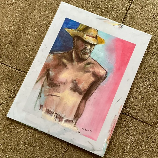 Vintage Boho Original Pastel Drawing of Cowboy — additional photo 2