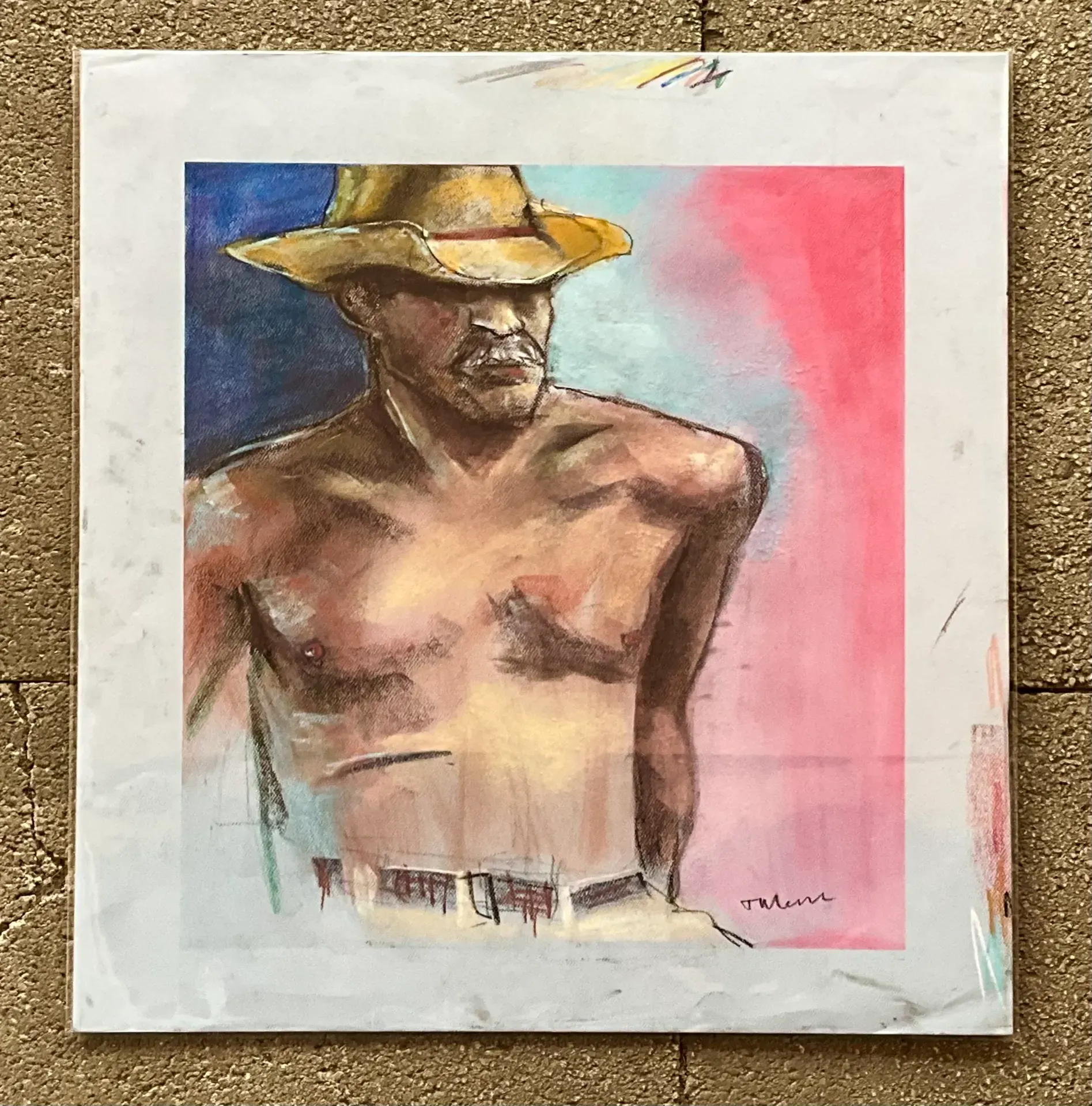 Vintage Boho Original Pastel Drawing of Cowboy — additional photo 1