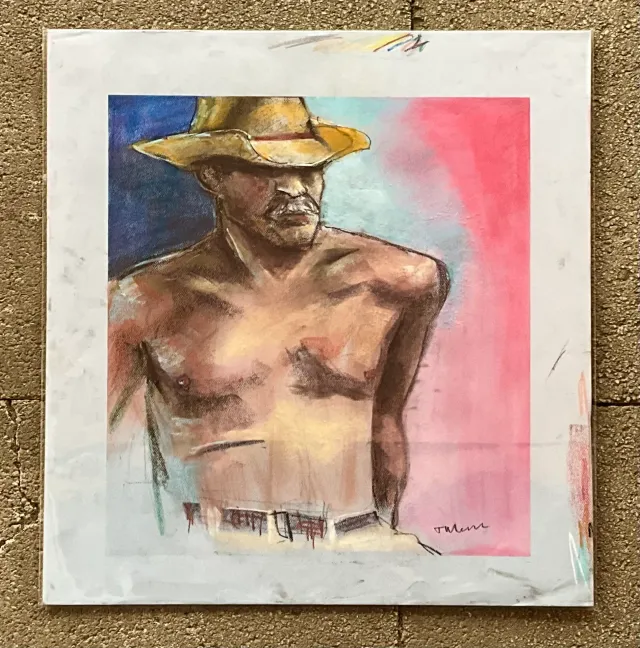 Vintage Boho Original Pastel Drawing of Cowboy — additional photo 1