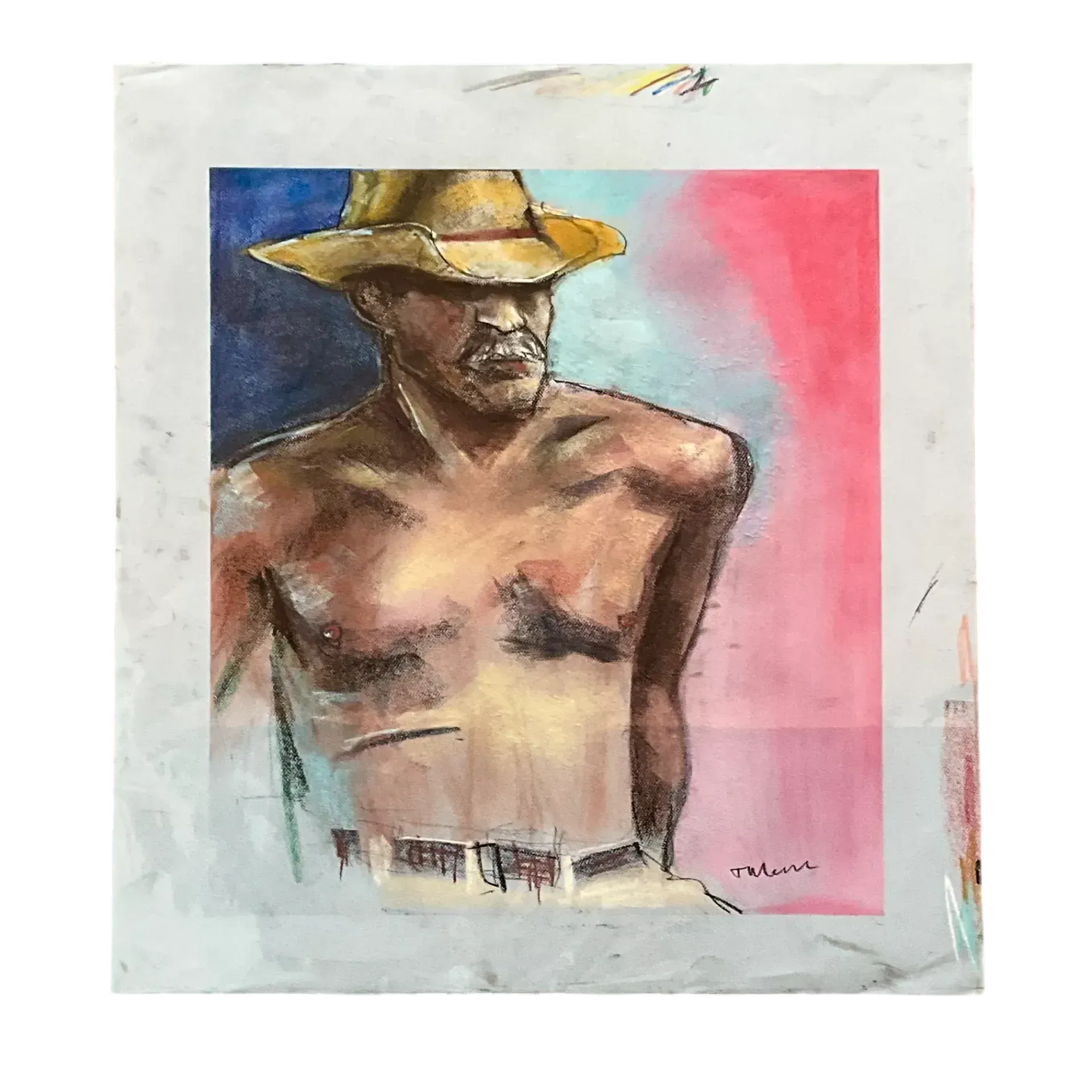 Vintage Boho Original Pastel Drawing of Cowboy