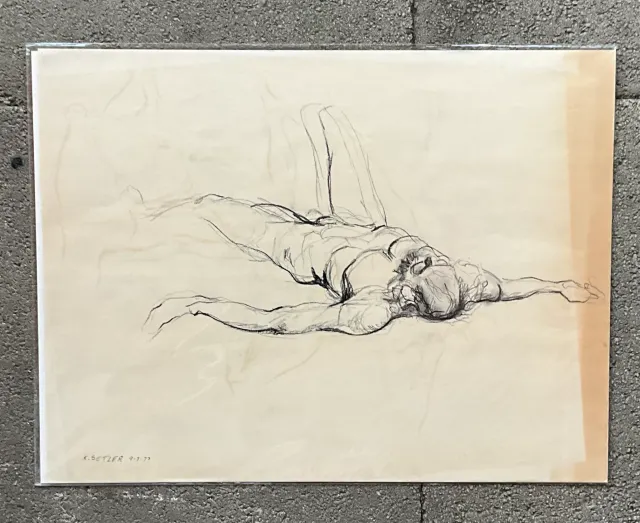 Vintage Boho Original Signed Nude Sketch - Paper, 23.5W x 18H — additional photo 1