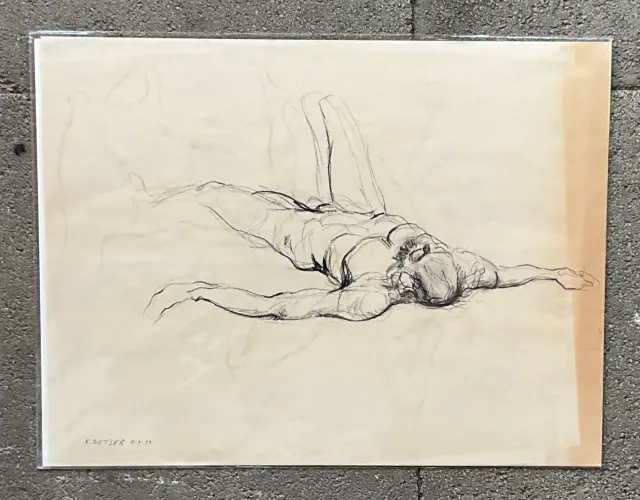 Vintage Boho Original Signed Nude Sketch - Paper, 23.5W x 18H — additional photo 2