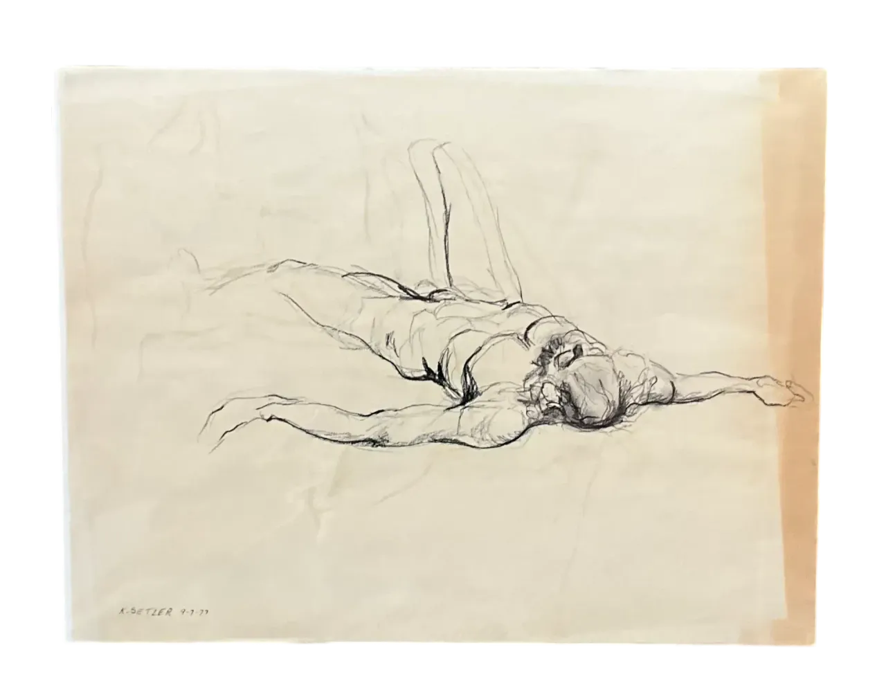 Vintage Boho Original Signed Nude Sketch - Paper, 23.5W x 18H