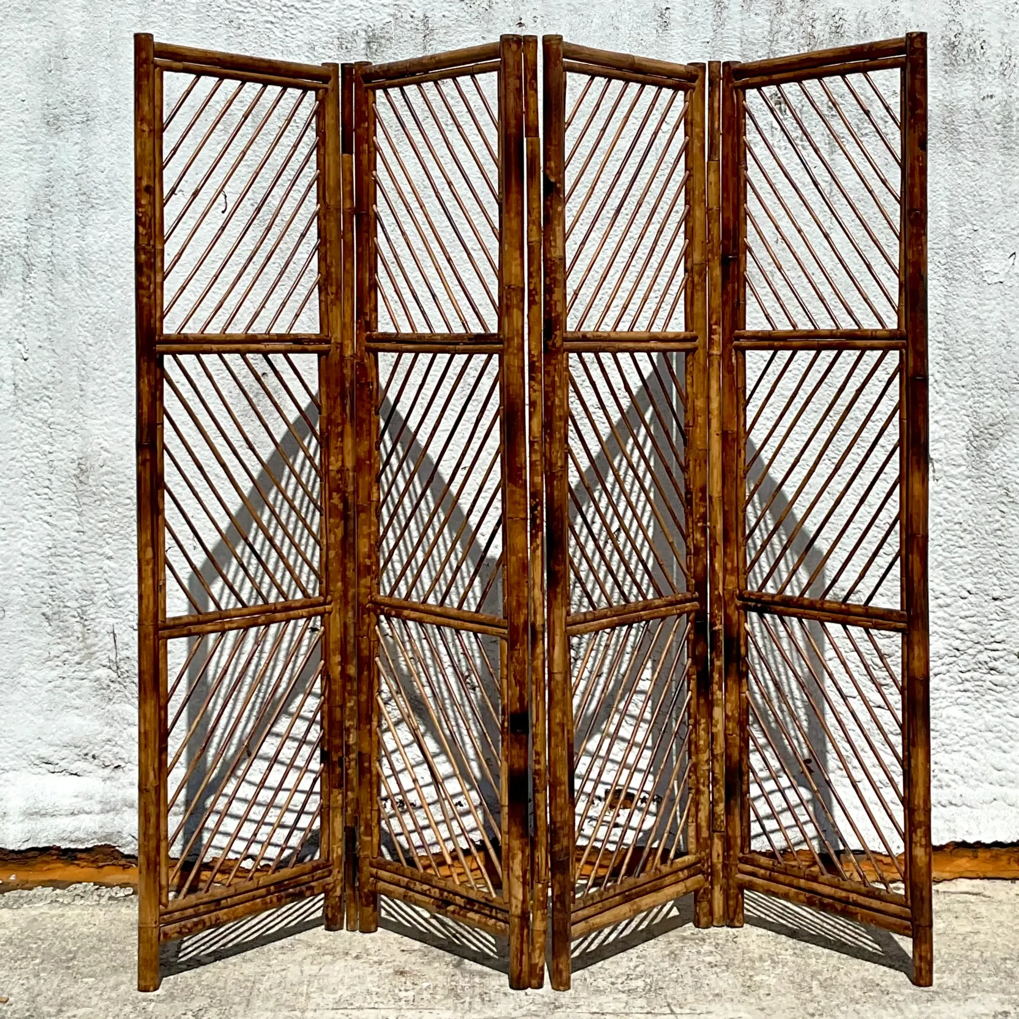 Vintage Coastal Chevron Tortoise Shell Pattern Folding Screen — additional photo 1