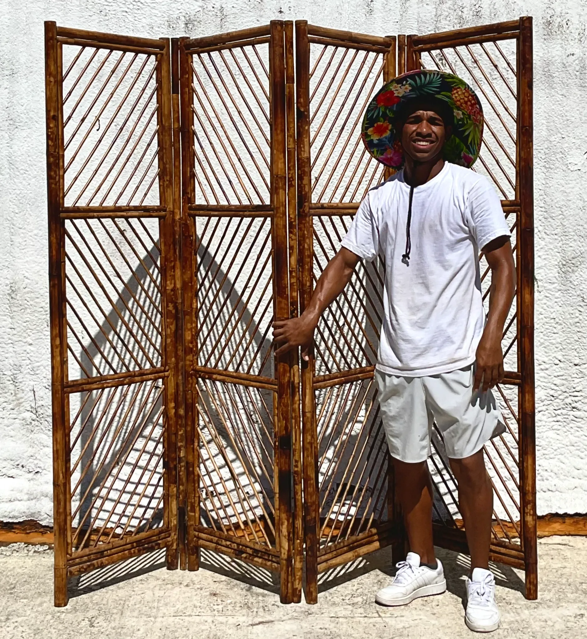 Vintage Coastal Chevron Tortoise Shell Pattern Folding Screen — additional photo 2