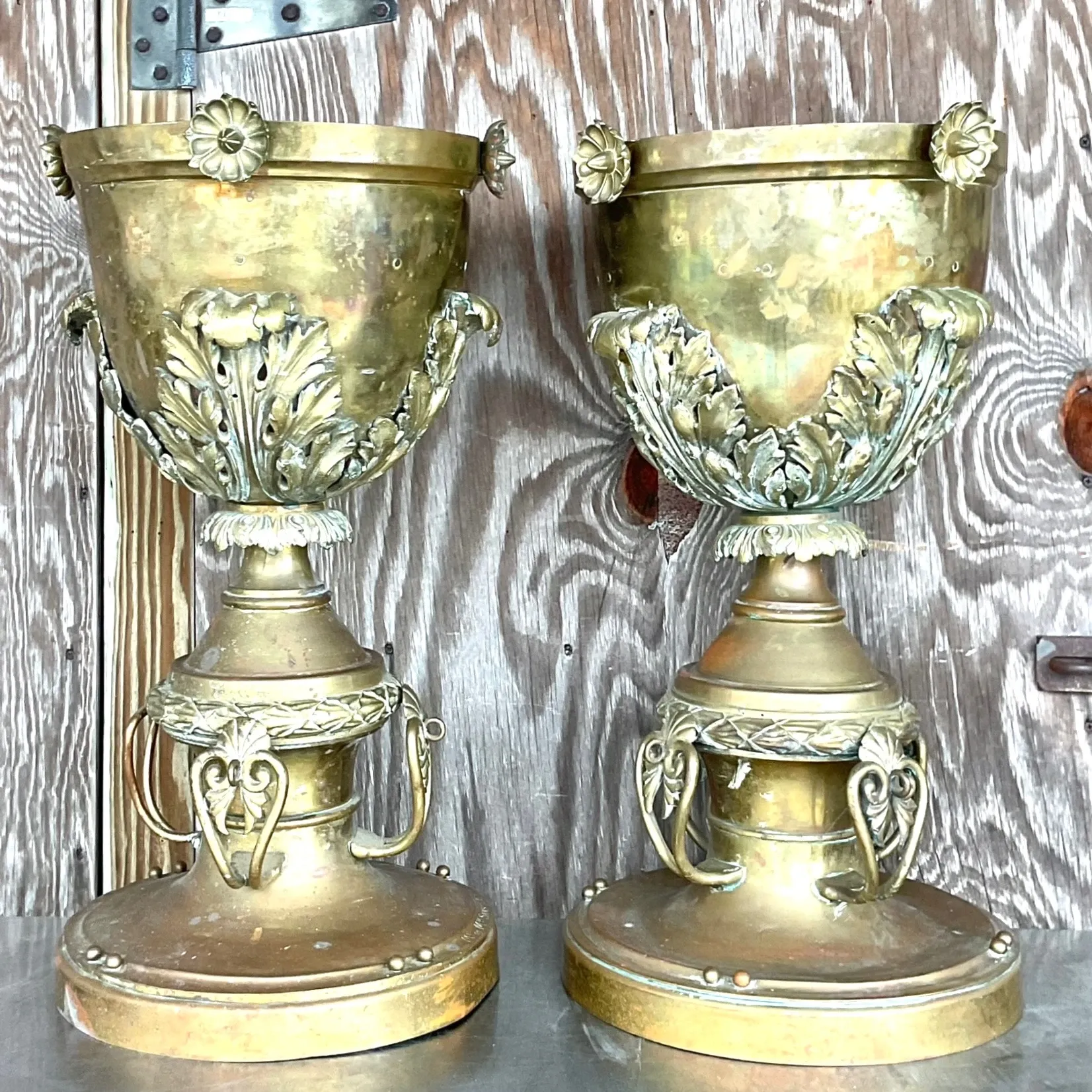 Late 19th Century Vintage Neo Classical Brass Footed Urn - a Pair — additional photo 3