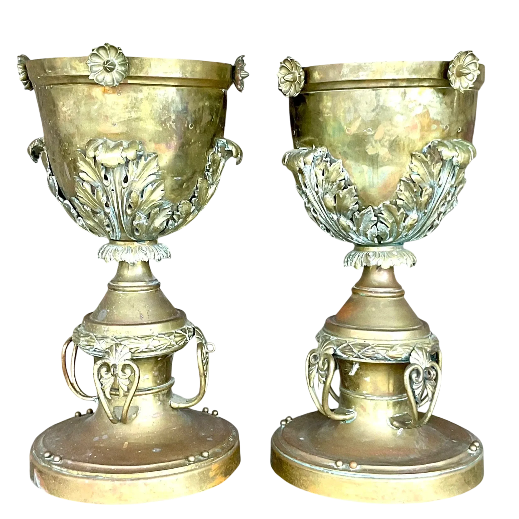 Late 19th Century Vintage Neo Classical Brass Footed Urn - a Pair