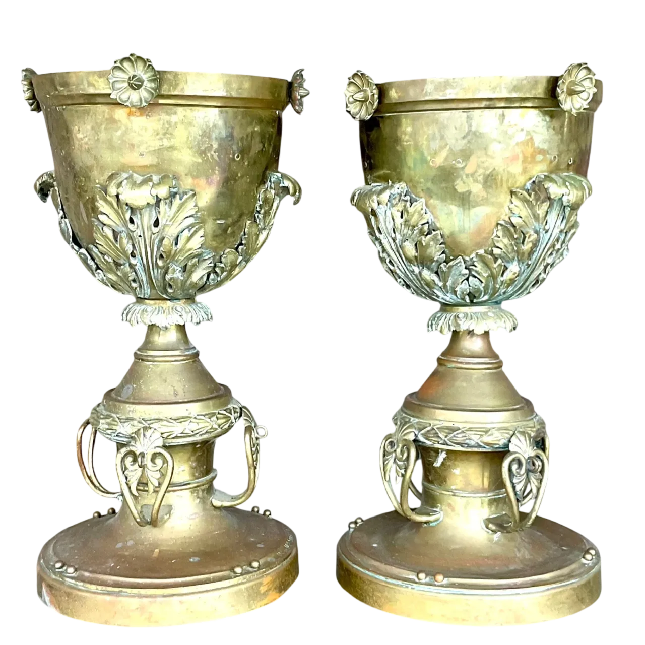 Late 19th Century Vintage Neo Classical Brass Footed Urn - a Pair