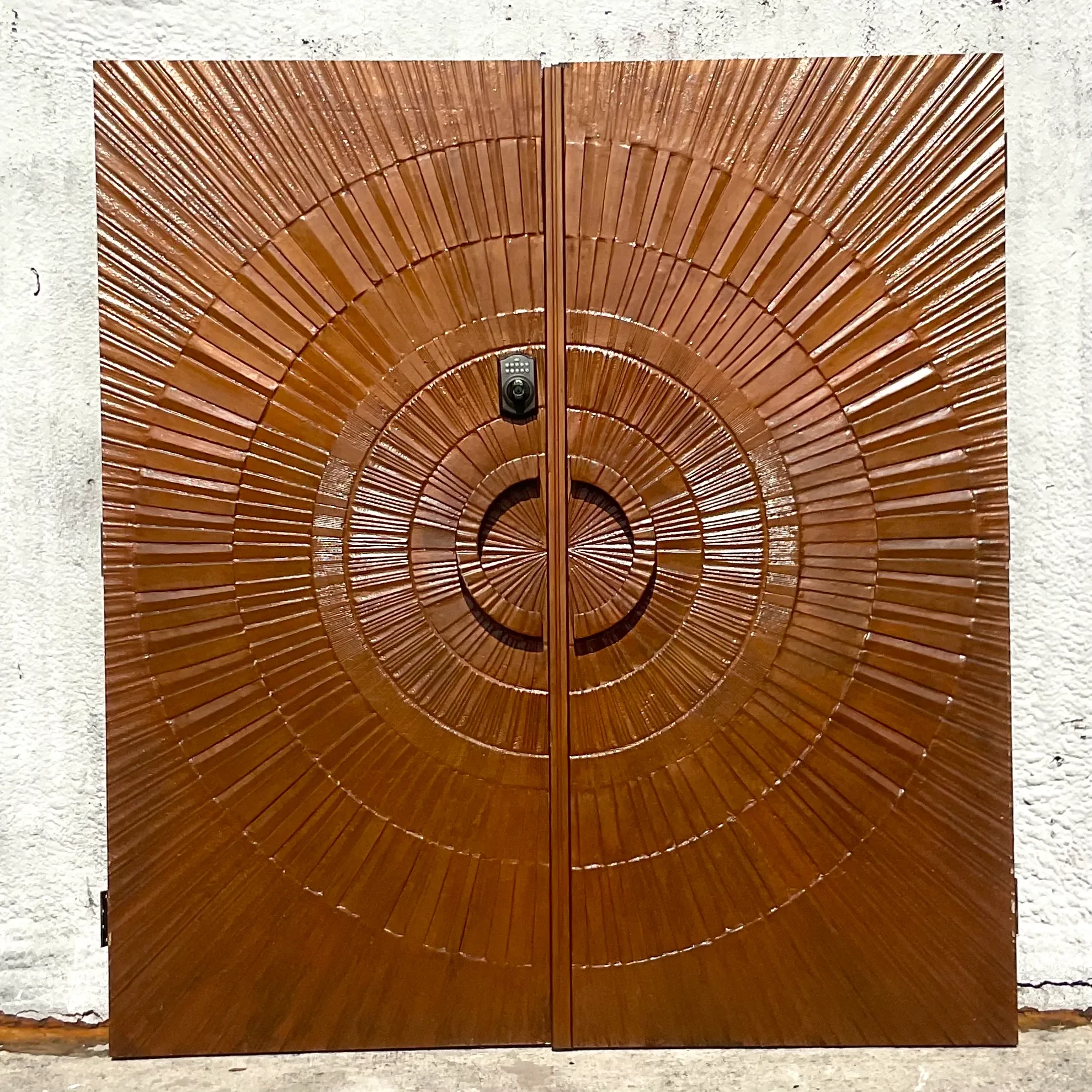 Vintage 1971 Boho “Heroic Sunburst” Bronzed Resin Over Wood Doors - a Pair — additional photo 1