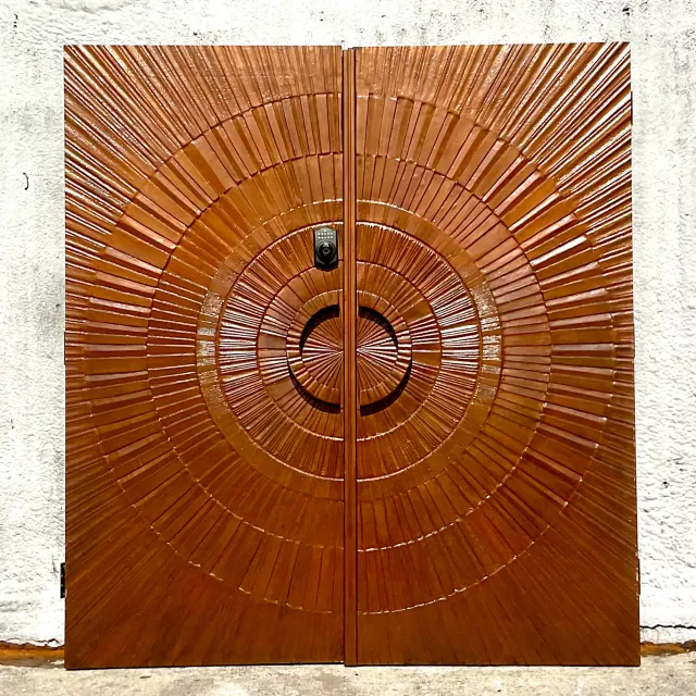 Vintage 1971 Boho “Heroic Sunburst” Bronzed Resin Over Wood Doors - a Pair — additional photo 2